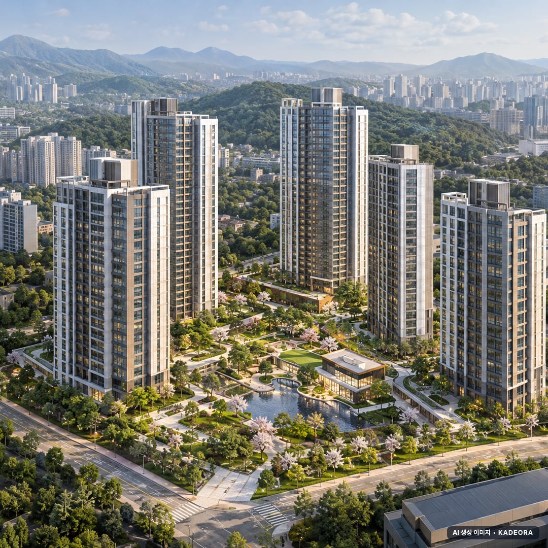 김해진례 C-1블록 공공분양주택 단지 전경 AI 상상도(주간 항공) — 경남 김해시 착공 387세대