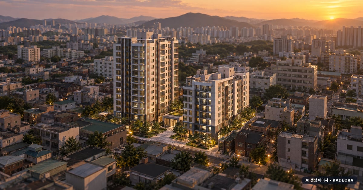 동성하이타운 가로주택정비 총 265세대 기준 AI 상상도 — 실제와 다를 수 있음 동성하이타운 가로주택정비 총 265세대 기준 AI 상상도(노을 항공) — 실제와 다를 수 있음