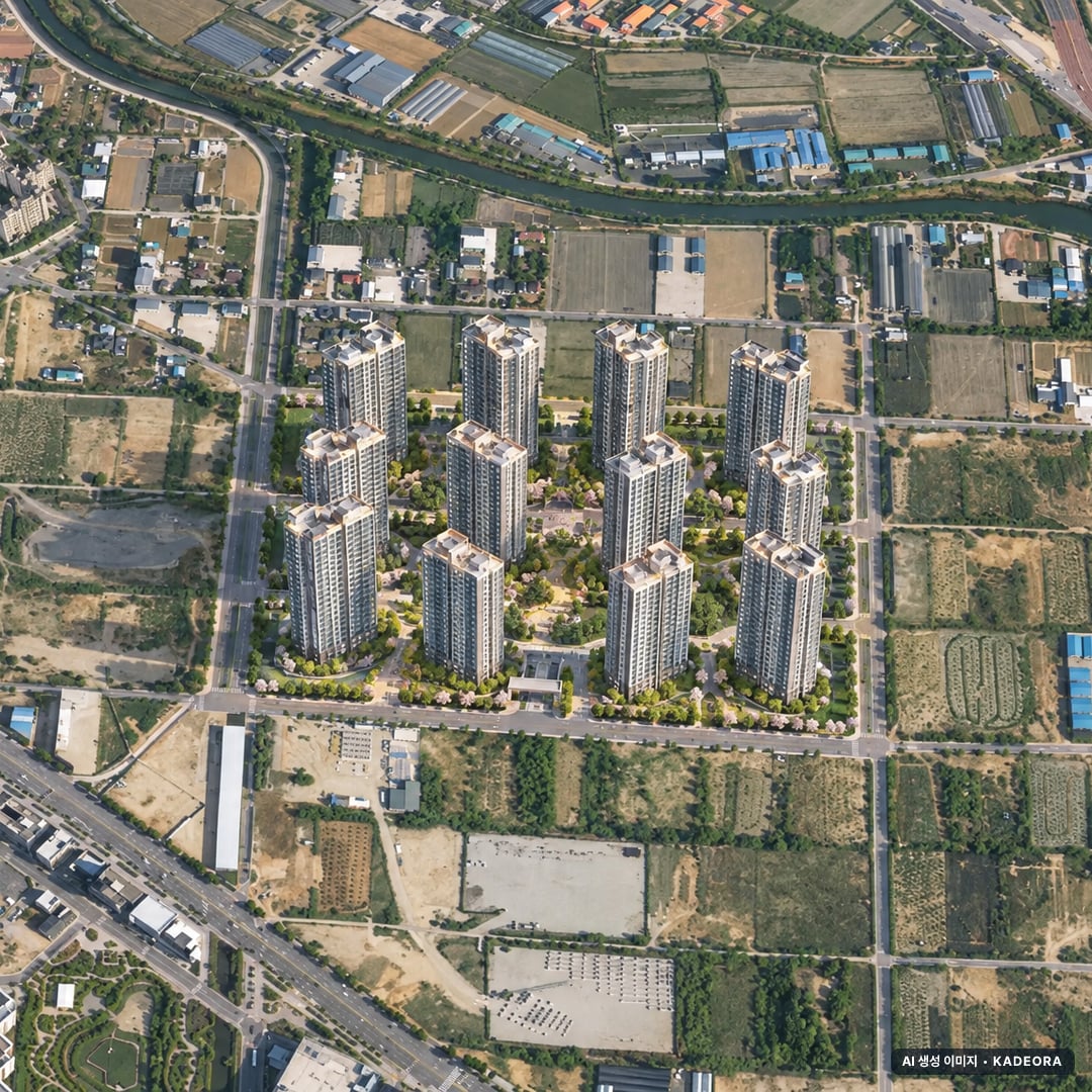풍무역 푸르지오 더 마크 단지 전경 AI 상상도(주간 항공) — 경기 김포시 착공 1,524세대
