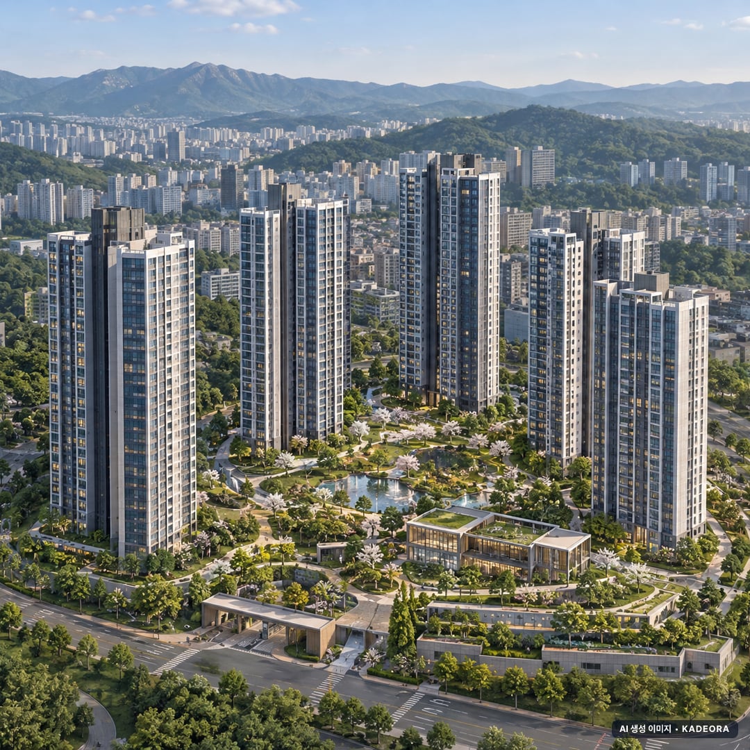 청주지북지구 B1블록 공공분양주택 단지 전경 AI 상상도(주간 항공) — 충북 청주시 착공 757세대