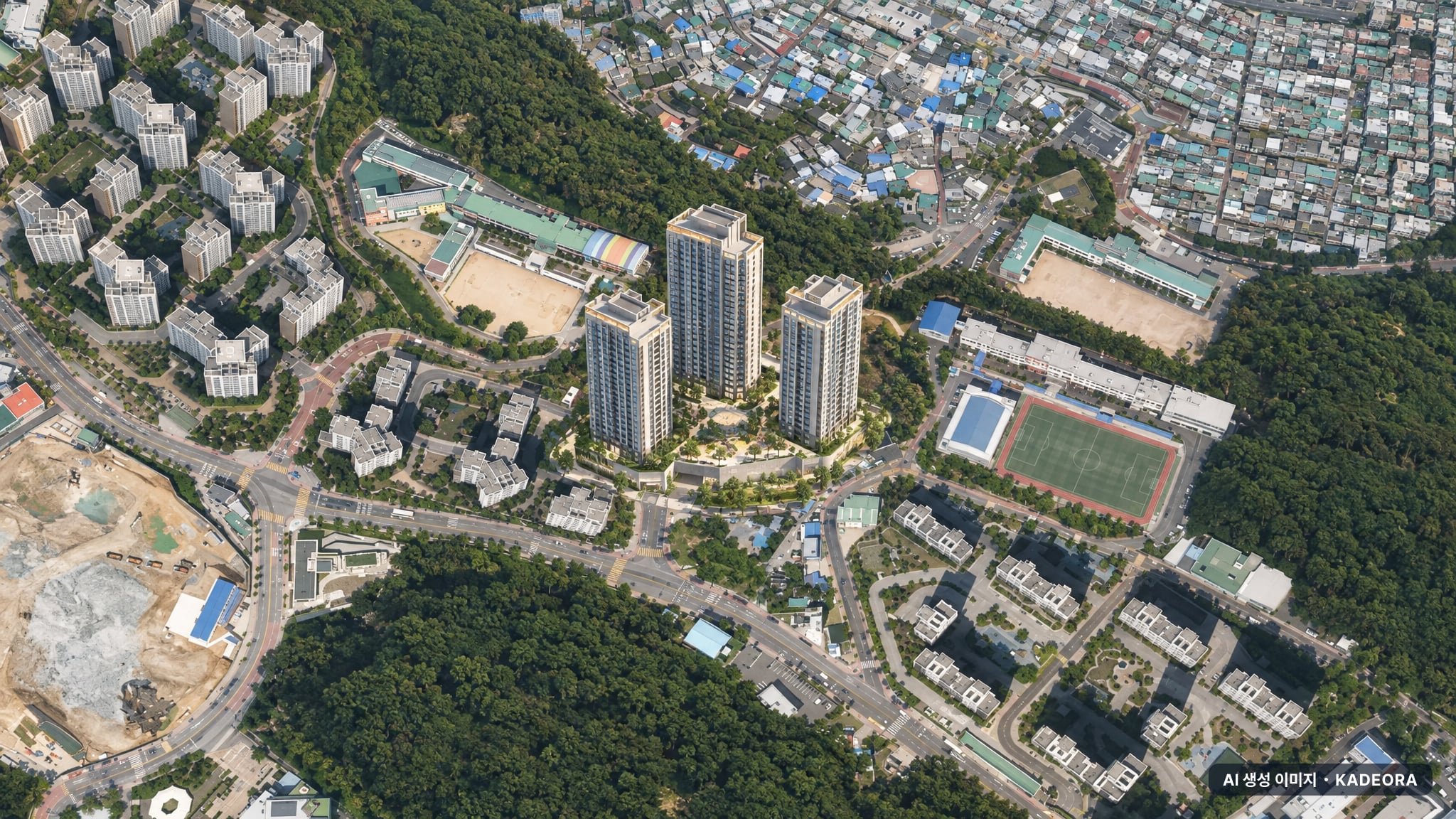 동래사적공원 오네뜨 주간 항공 상상도 · AI 생성 이미지로 실제와 다를 수 있음 동래사적공원 오네뜨 단지 전경 AI 상상도(주간 항공) — 부산 동래구 착공 110세대