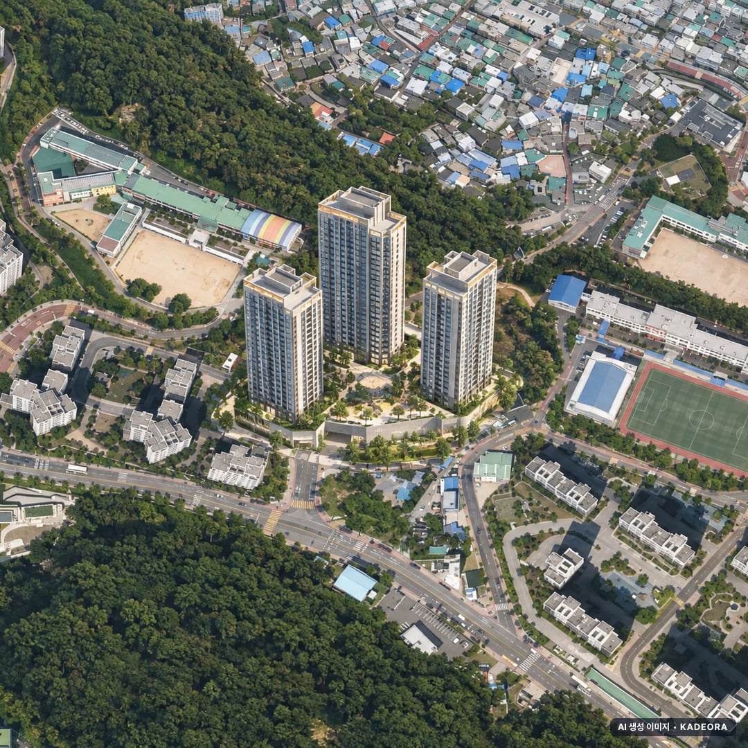 동래사적공원 오네뜨 단지 전경 AI 상상도(주간 항공) — 부산 동래구 착공 110세대