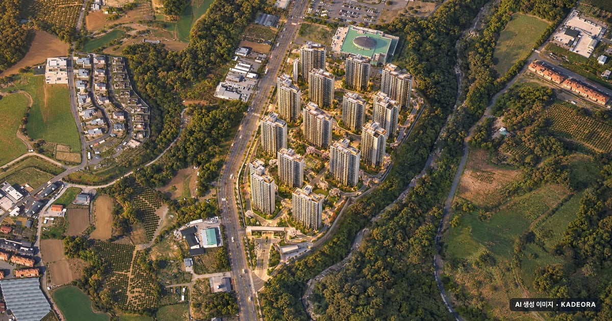 위파크 제주 1단지 15개동·최고 15층·총 686세대(이번 617세대 공급) 기준 AI 상상도(노을 항공) — 실제와 다를 수 있음