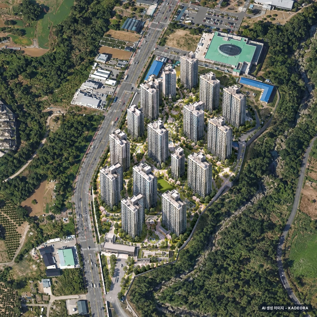 위파크 제주 1단지 단지 전경 AI 상상도(주간 항공) — 제주 제주시 착공 617세대