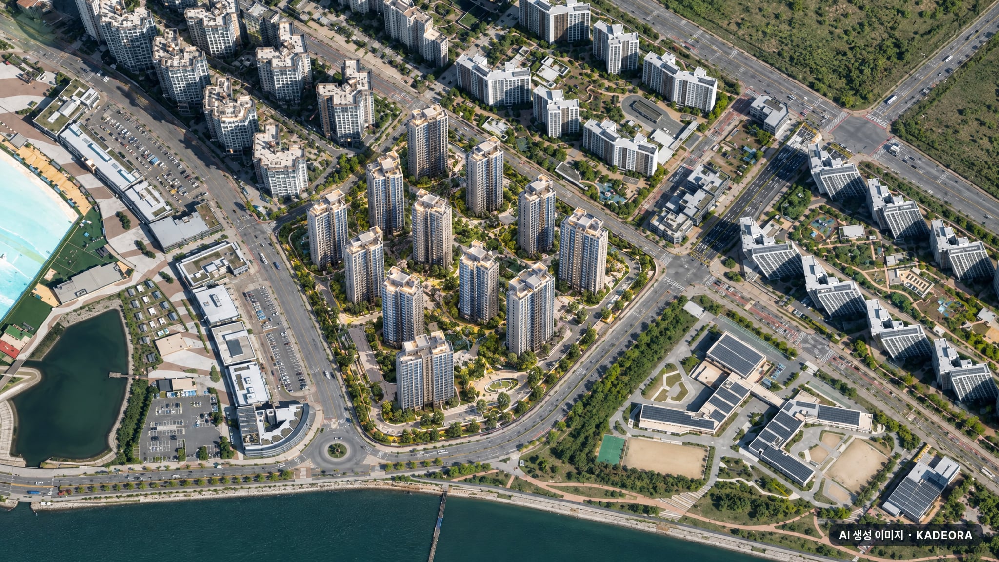 힐스테이트 더웨이브시티 단지 전경 AI 상상도(주간 항공) — 경기 시흥시 착공 851세대