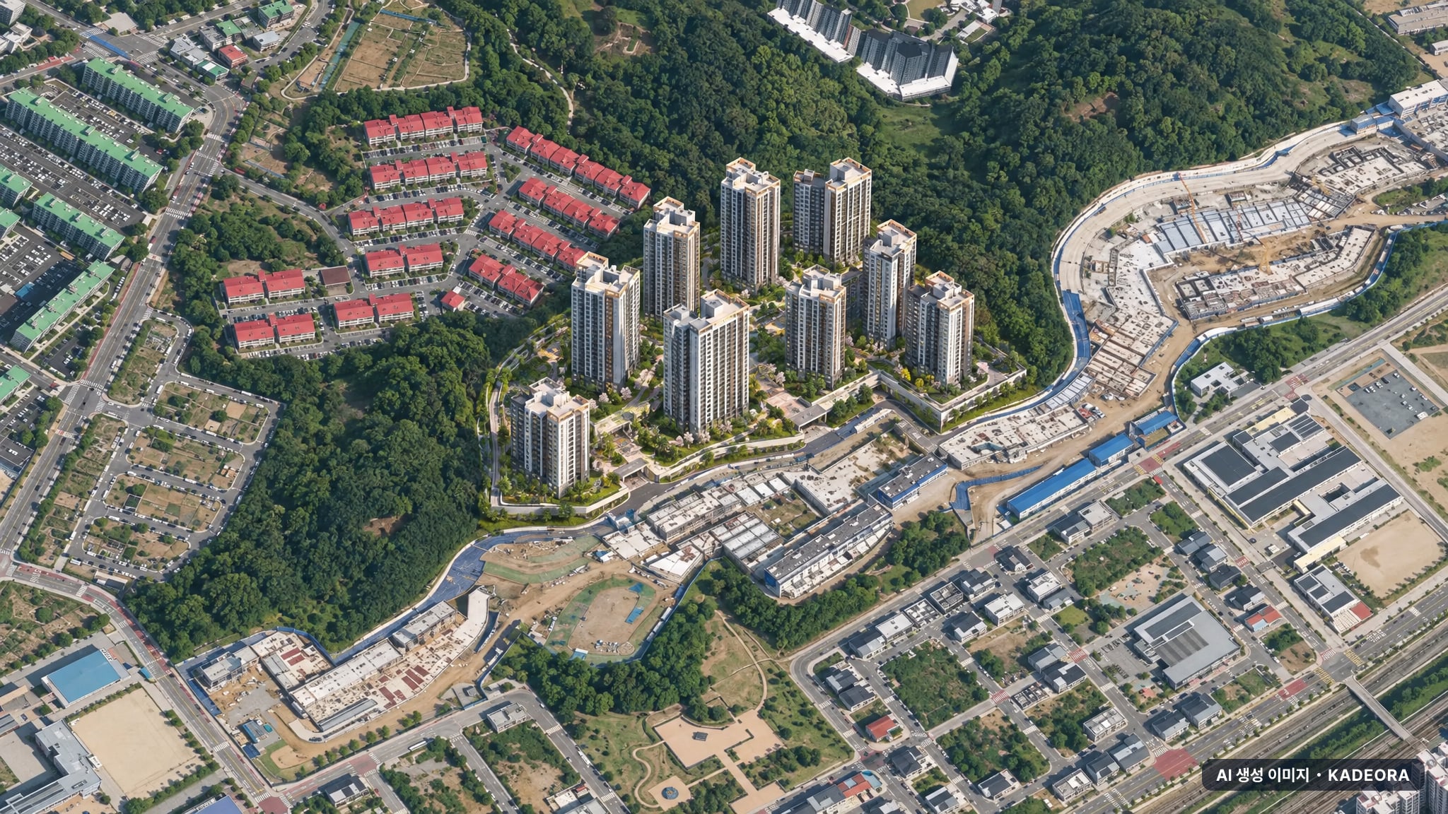 원봉공원 힐데스하임 주간 항공 상상도 · AI 생성 이미지로 실제와 다를 수 있음 원봉공원 힐데스하임 단지 전경 AI 상상도(주간 항공) — 충북 청주시 착공 1,211세대