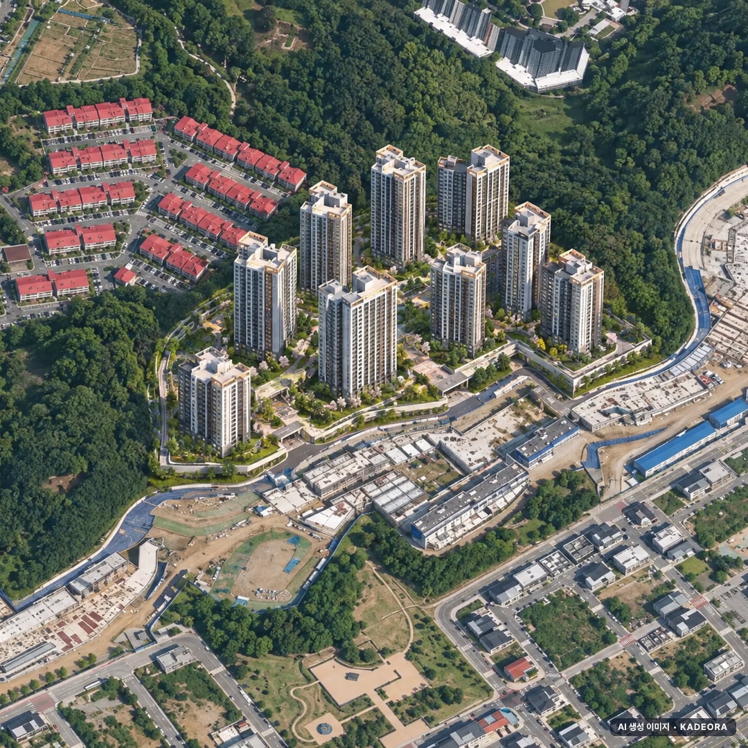 원봉공원 힐데스하임 단지 전경 AI 상상도(주간 항공) — 충북 청주시 착공 1,211세대