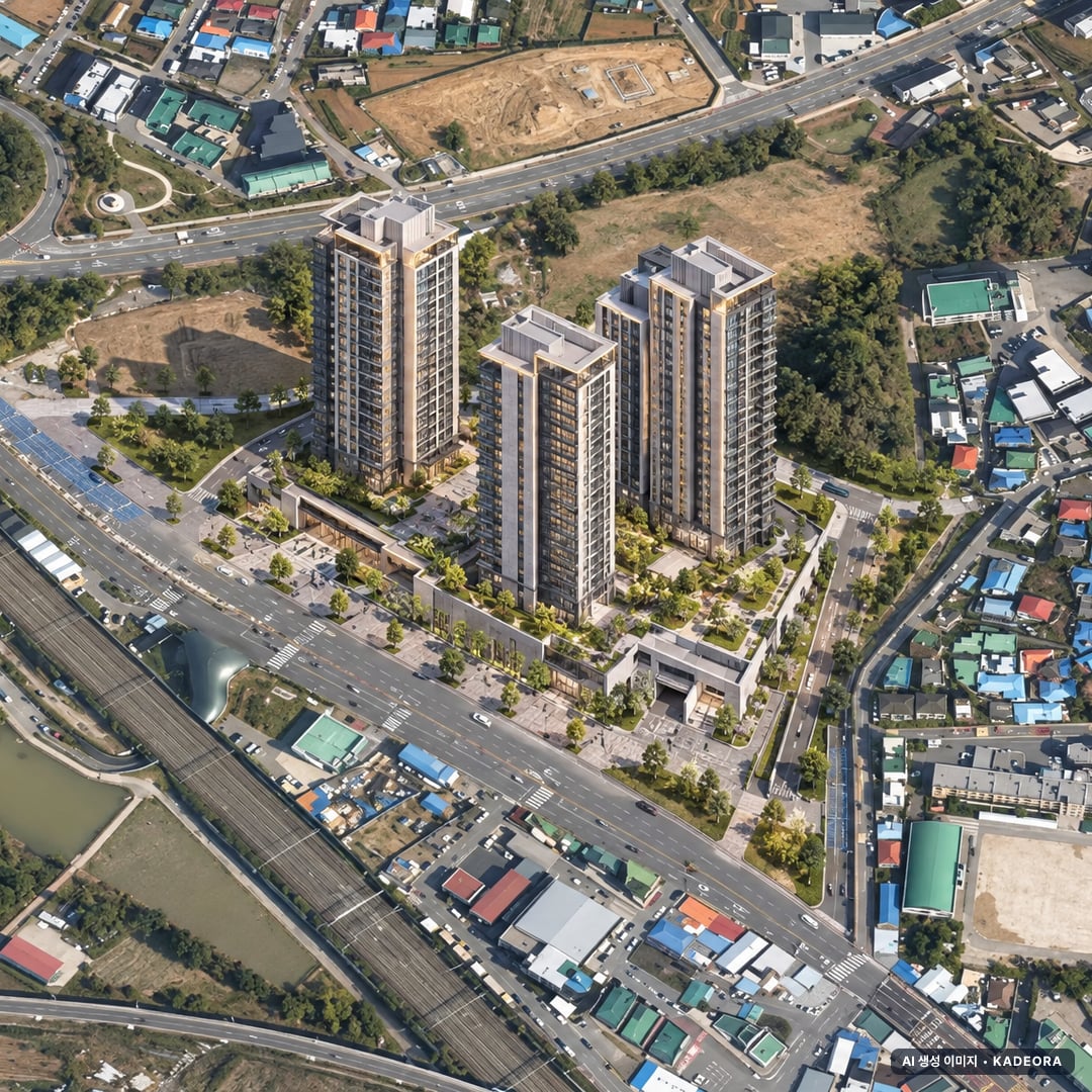 평택시 세교1구역 조감도 AI 상상도(주간 항공) — 경기 평택시 관리처분인가 263세대