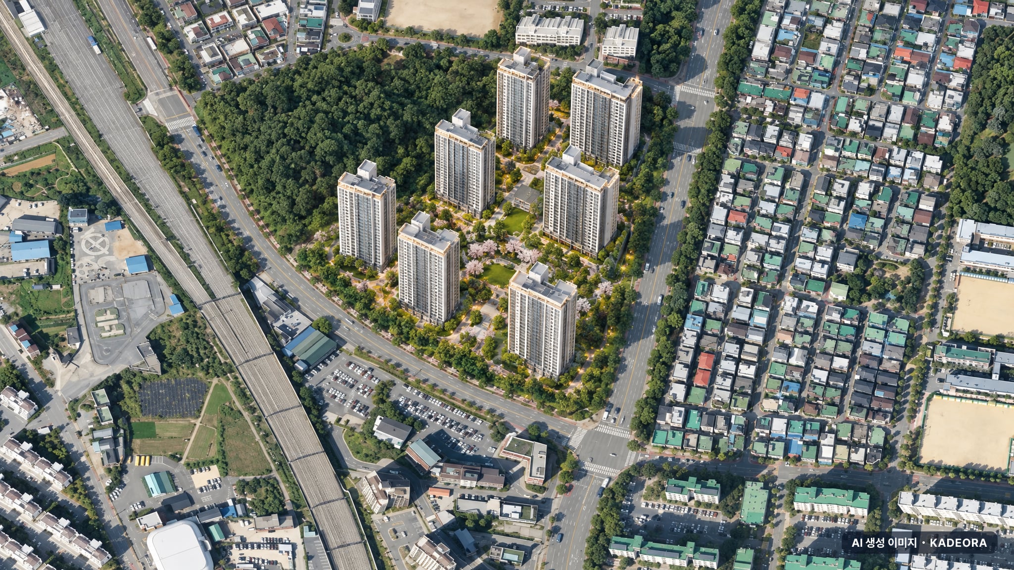 광주 선운2지구 예다음(사전청약) 주간 항공 상상도 · AI 생성 이미지로 실제와 다를 수 있음 광주 선운2지구 예다음(사전청약) 단지 전경 AI 상상도(주간 항공) — 광주 광산구 착공 505세대