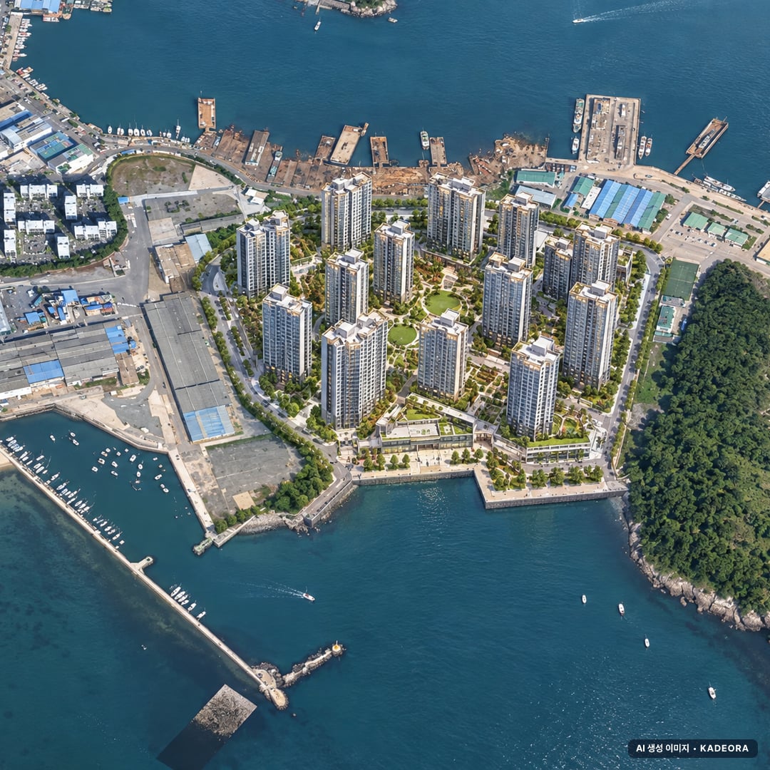 다대동 370-11번지 일원 공동주택 조감도 AI 상상도(주간 항공) — 부산 사하구 분양 예고 3,002세대