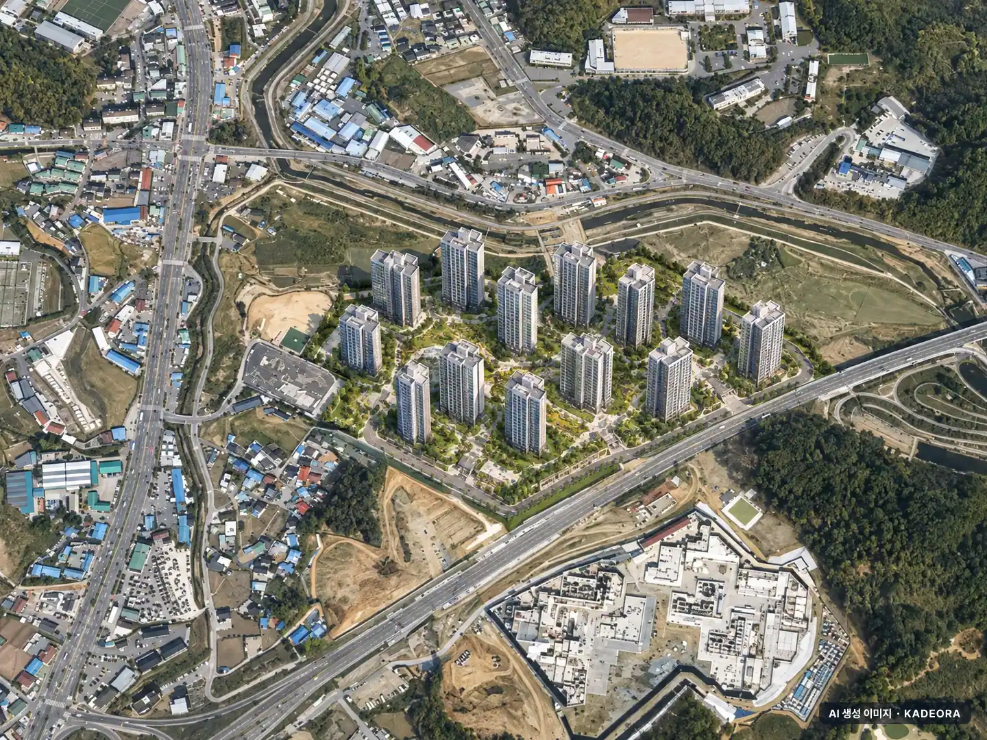 용인 푸르지오 원클러스터 2단지 13개동·최고 28층·총 1,804세대 기준 AI 상상도(주간 항공) — 실제와 다를 수 있음