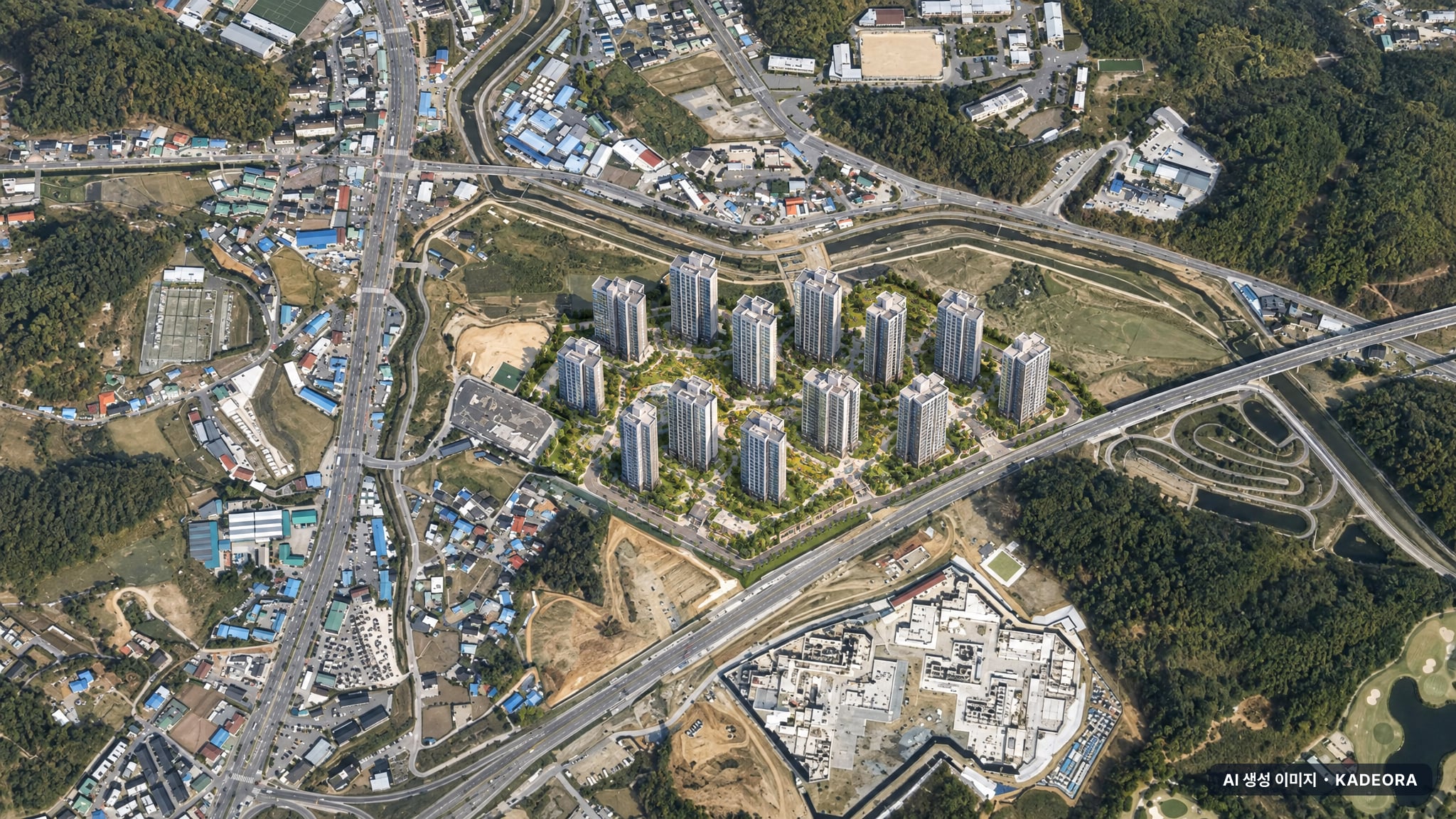용인 푸르지오 원클러스터 2단지 단지 전경 AI 상상도(주간 항공) — 경기 용인시 착공 1,804세대