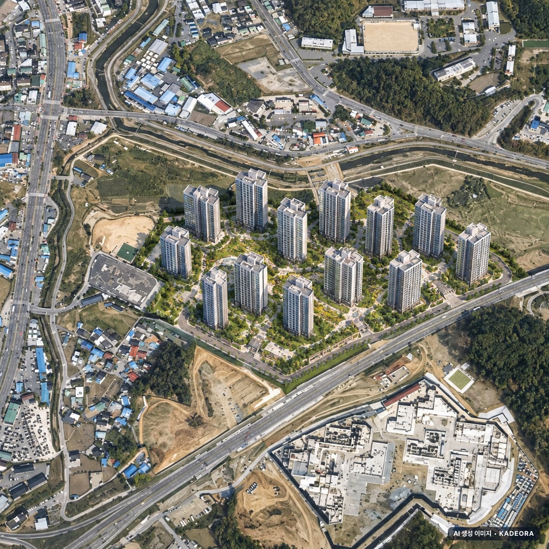 용인 푸르지오 원클러스터 2단지 주간 항공 상상도 · AI 생성 이미지로 실제와 다를 수 있음 용인 푸르지오 원클러스터 2단지 단지 전경 AI 상상도(주간 항공) — 경기 용인시 착공 1,804세대