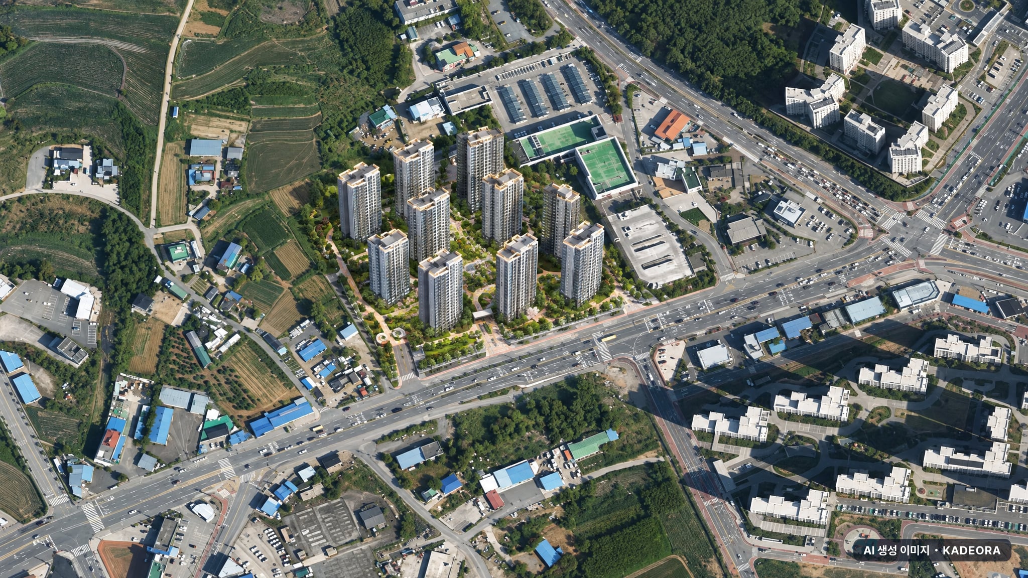 트리븐 서산 단지 전경 AI 상상도(주간 항공) — 충남 서산시 착공 829세대