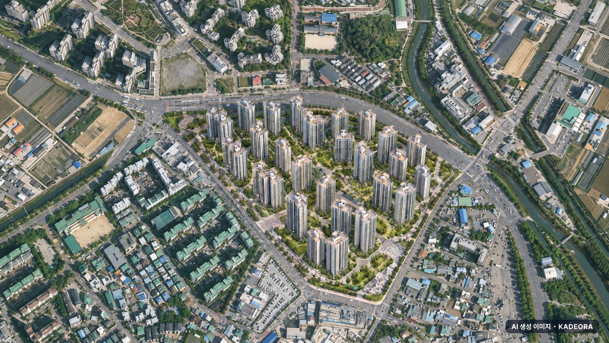 한강 수자인 오브센트 단지 전경 AI 상상도(주간 항공) — 경기 김포시 착공 3,058세대
