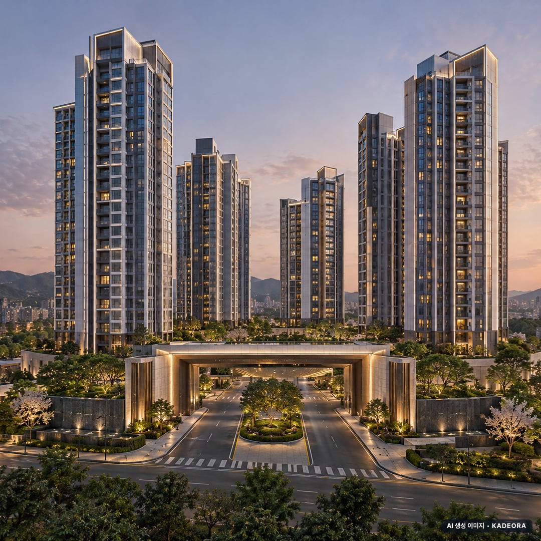 한강 수자인 오브센트 조감도 AI 상상도(단지 입구) — 경기 김포시 착공 3,058세대