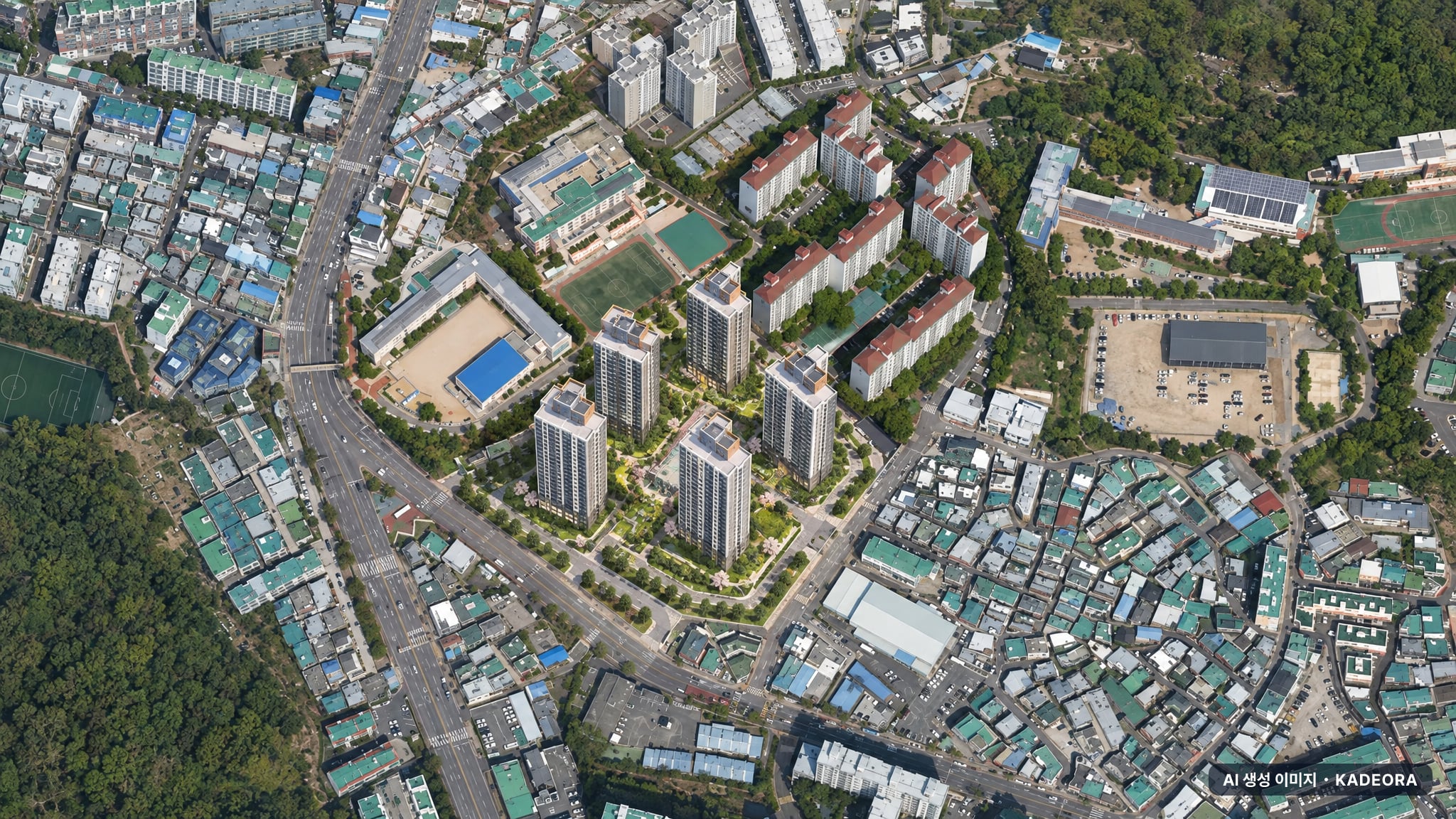 사하 경남아너스빌 시그니처 주간 항공 상상도 · AI 생성 이미지로 실제와 다를 수 있음 사하 경남아너스빌 시그니처 단지 전경 AI 상상도(주간 항공) — 부산 사하구 착공 380세대