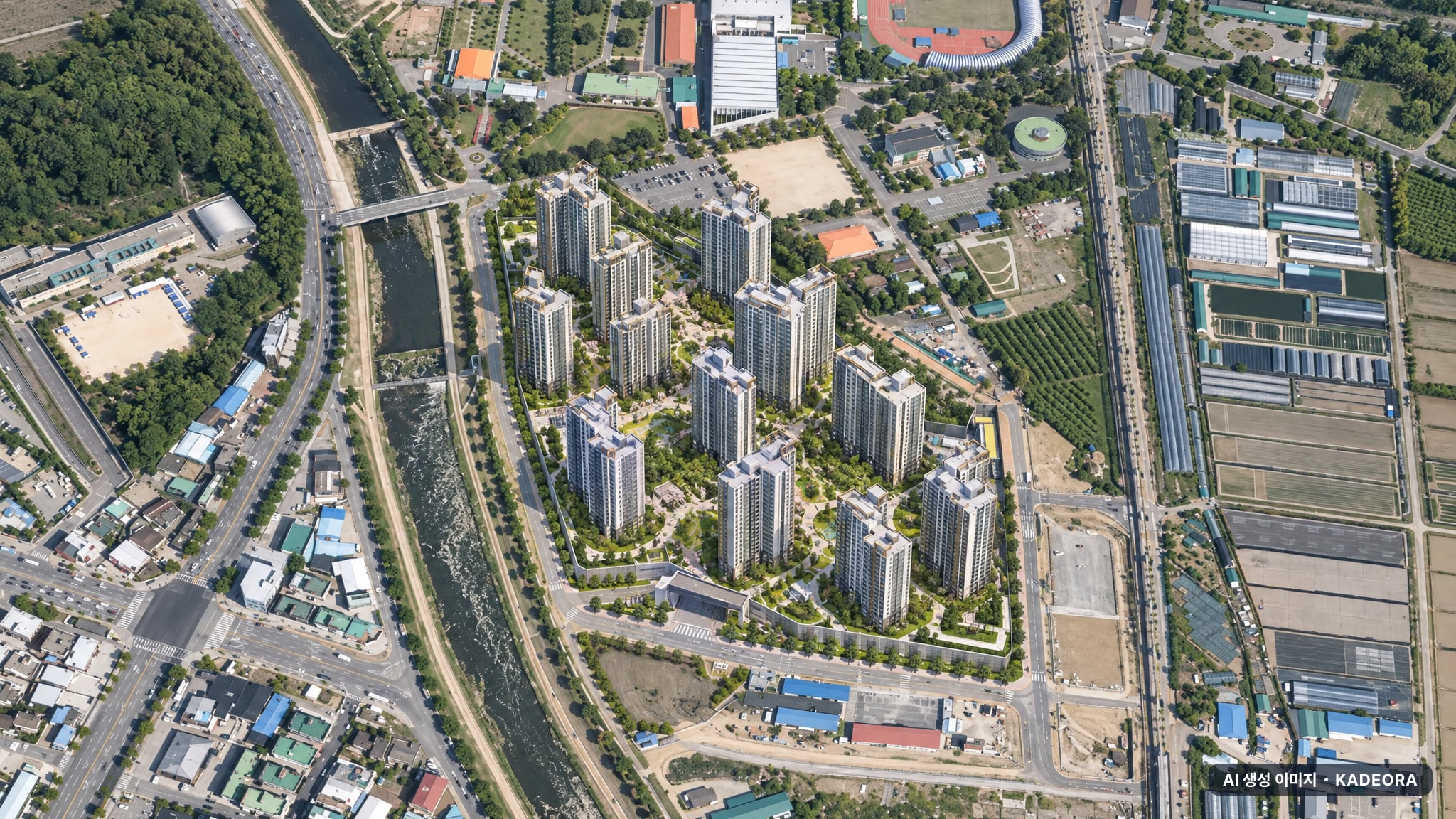 두산위브더제니스 센트럴시티 단지 전경 AI 상상도(주간 항공) — 대구 북구 착공 1,098세대