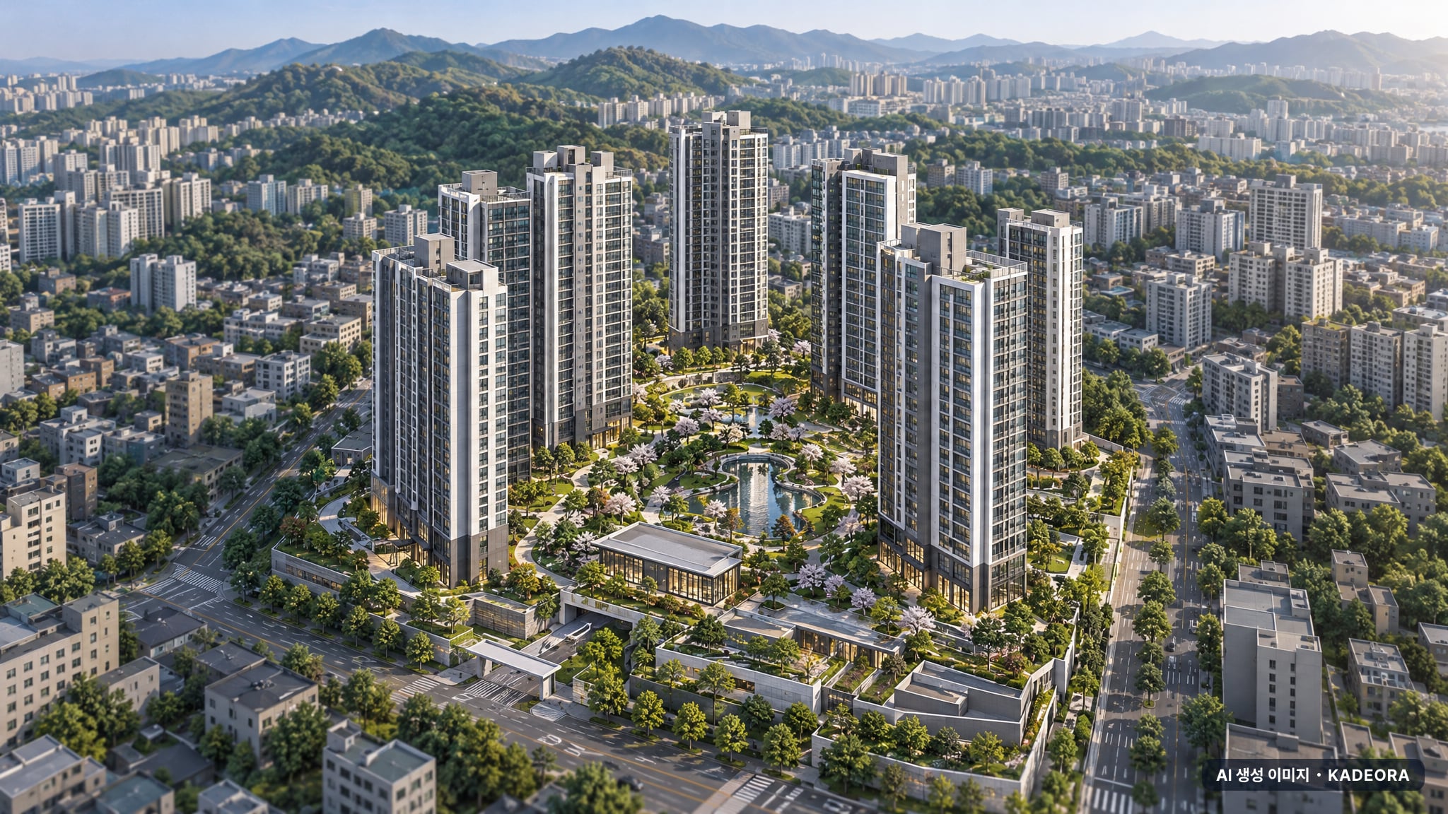 부산 해운대구 대우마리나1,2차 재건축 주간 항공 상상도 · AI 생성 이미지로 실제와 다를 수 있음 부산 해운대구 대우마리나1,2차 재건축 단지 전경 AI 상상도(주간 항공) — 해운대구