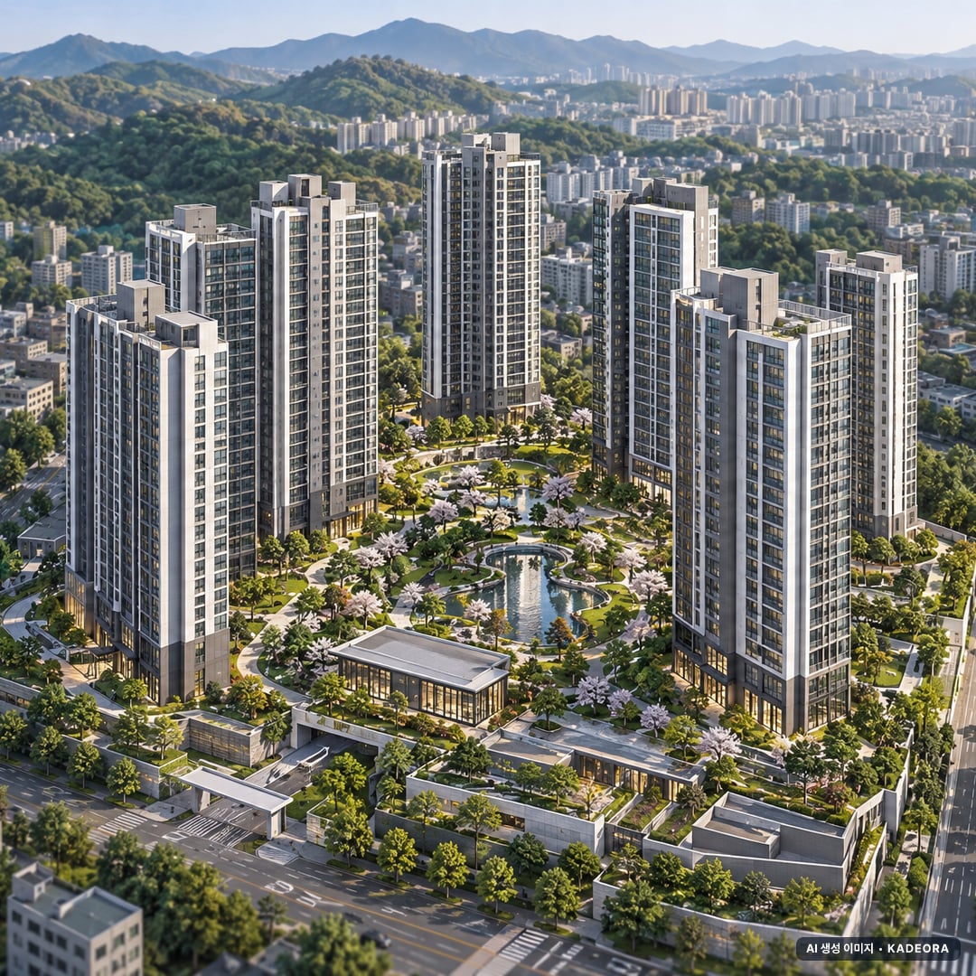 부산 해운대구 대우마리나1,2차 재건축 주간 항공 상상도 · AI 생성 이미지로 실제와 다를 수 있음 부산 해운대구 대우마리나1,2차 재건축 단지 전경 AI 상상도(주간 항공) — 해운대구
