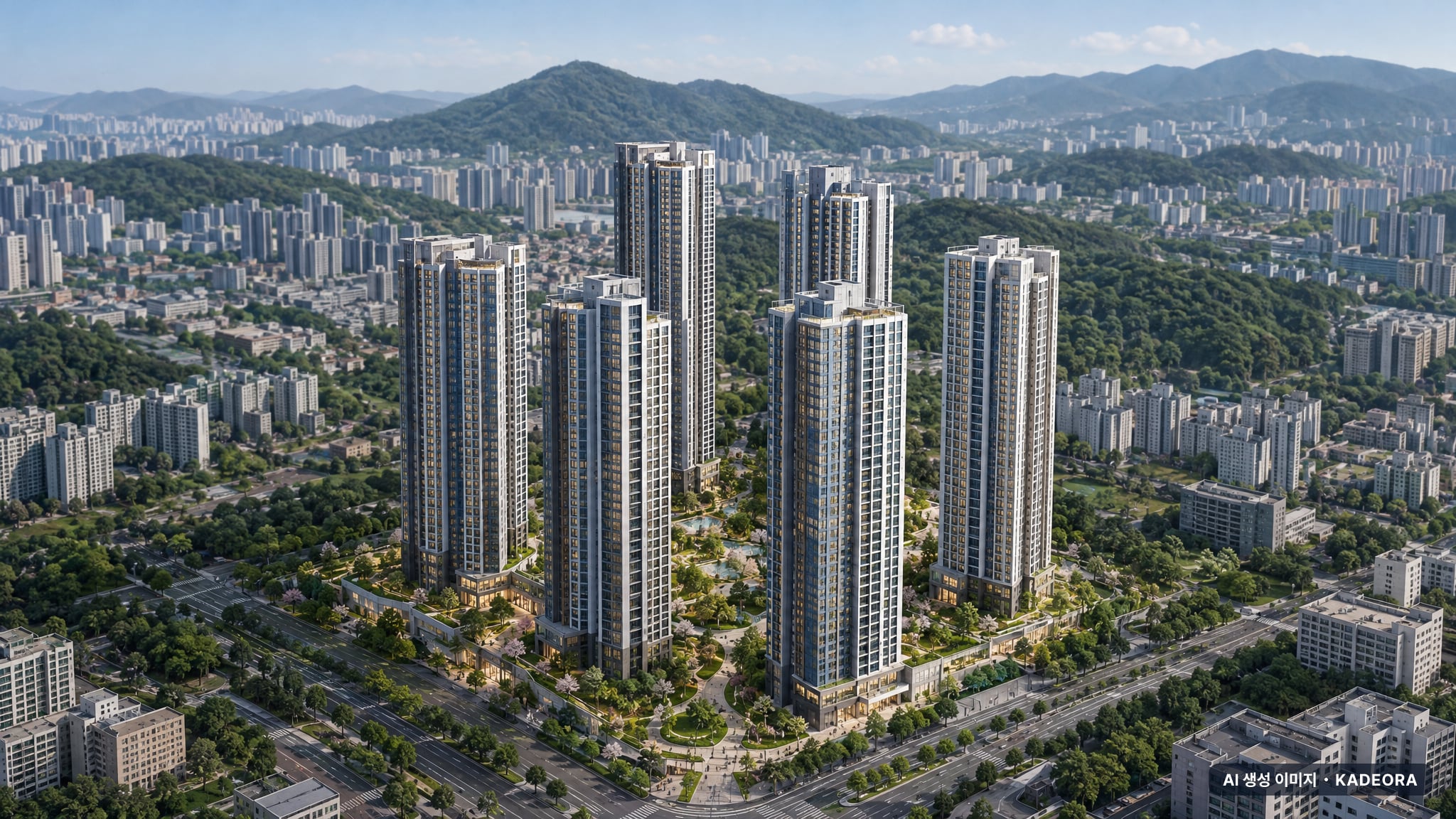 서울원 아이파크 주간 항공 상상도 · AI 생성 이미지로 실제와 다를 수 있음 서울원 아이파크 단지 전경 AI 상상도(주간 항공) — 노원구 1,856세대