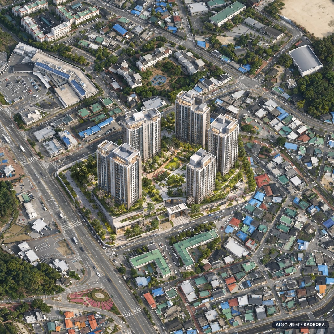 이천관고동 조감도 AI 상상도(주간 항공) — 경기 이천시 관리처분인가 585세대