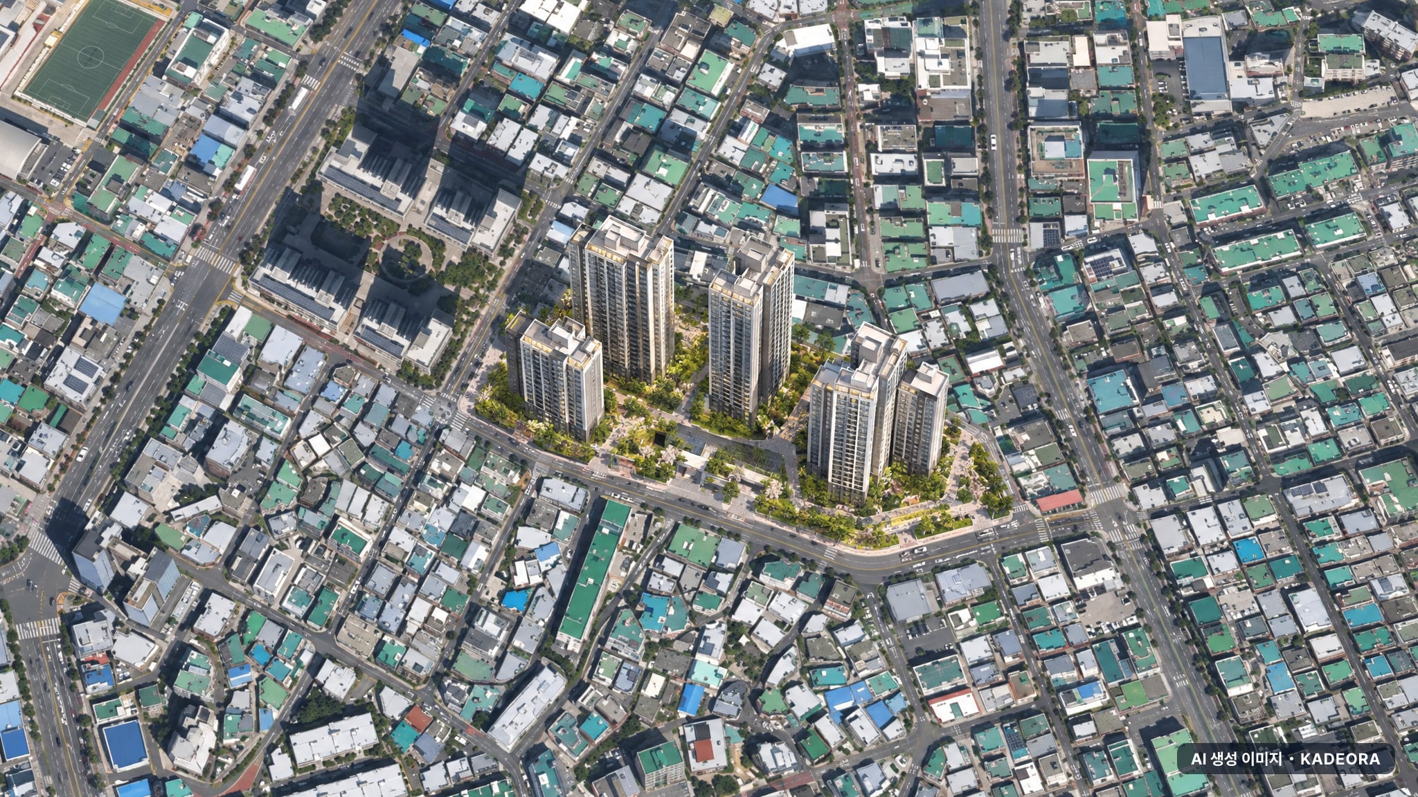 부산 동래구 사직3 재개발 주간 항공 상상도 · AI 생성 이미지로 실제와 다를 수 있음 부산 동래구 사직3 재개발 조감도 AI 상상도(주간 항공) — 부산 동래구 조합설립 655세대