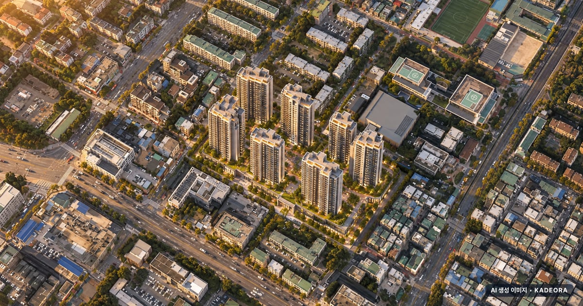 e편한세상 당산 리버파크 단지 전경 AI 상상도(노을 항공) — 서울 영등포구 착공 111세대