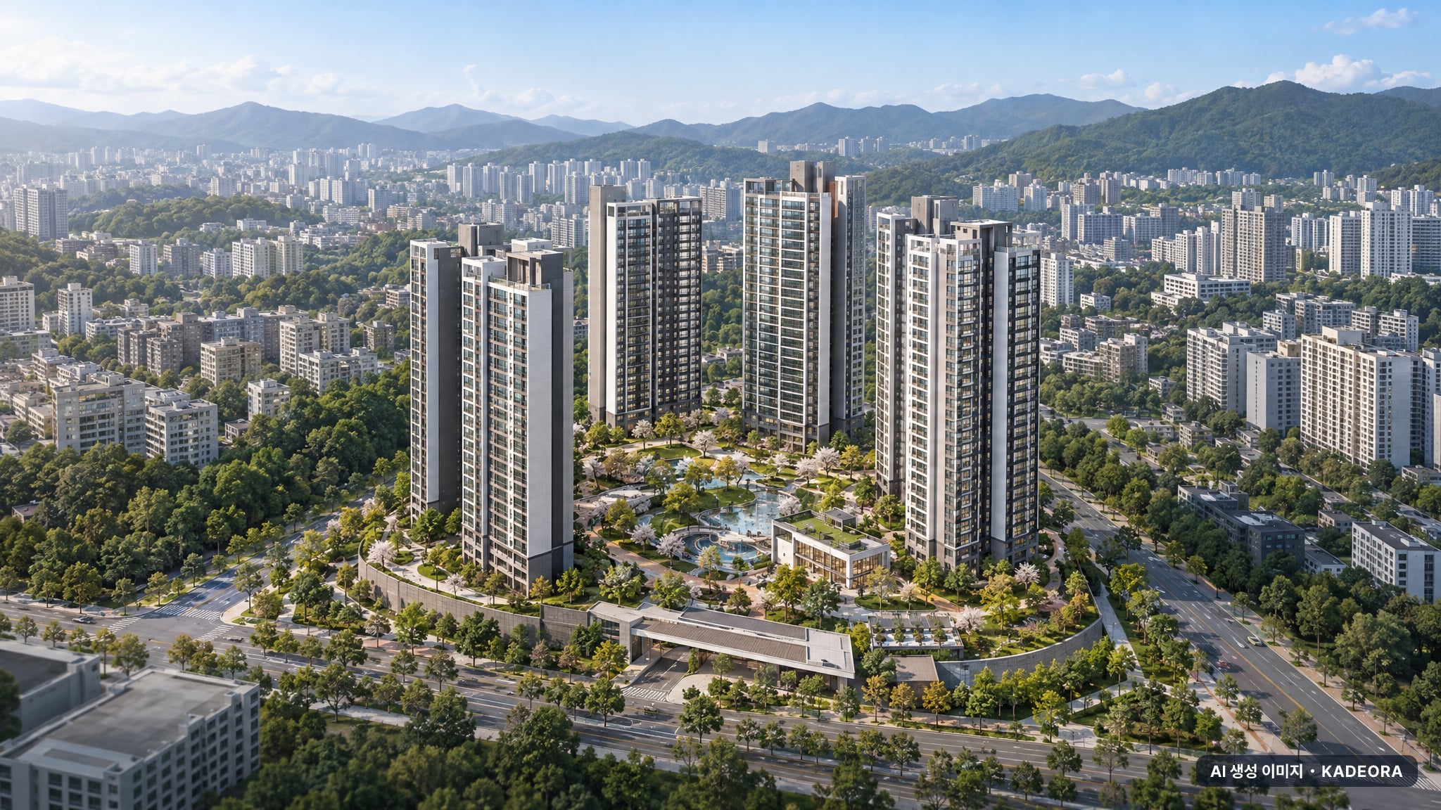 아산테크노밸리 더원 7차 (Ab4BL) 단지 전경 AI 상상도(주간 항공) — 충남 아산시 착공 622세대