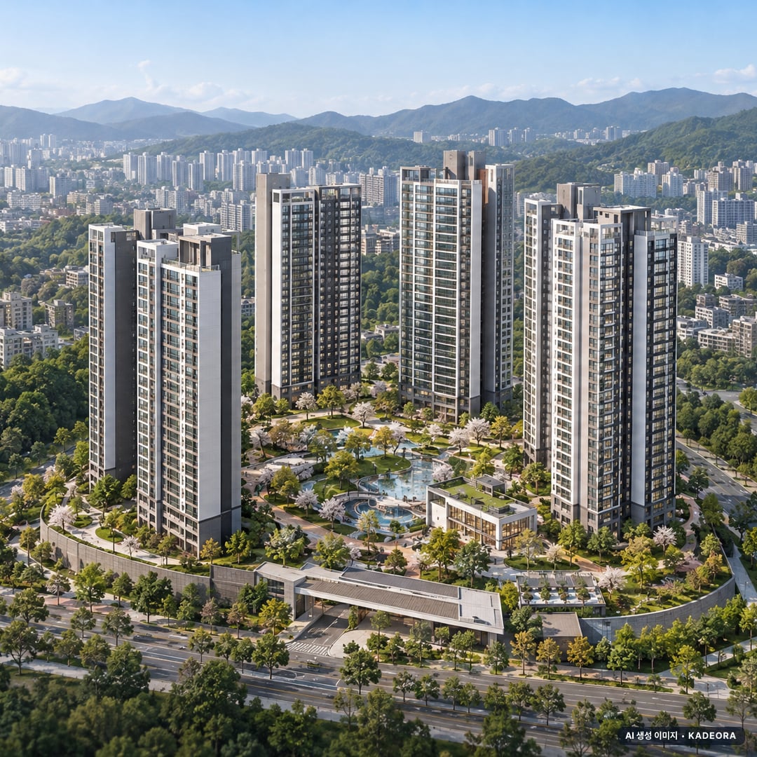 아산테크노밸리 더원 7차 (Ab4BL) 10개동·최고 25층·총 622세대 기준 AI 상상도(주간 항공) — 실제와 다를 수 있음