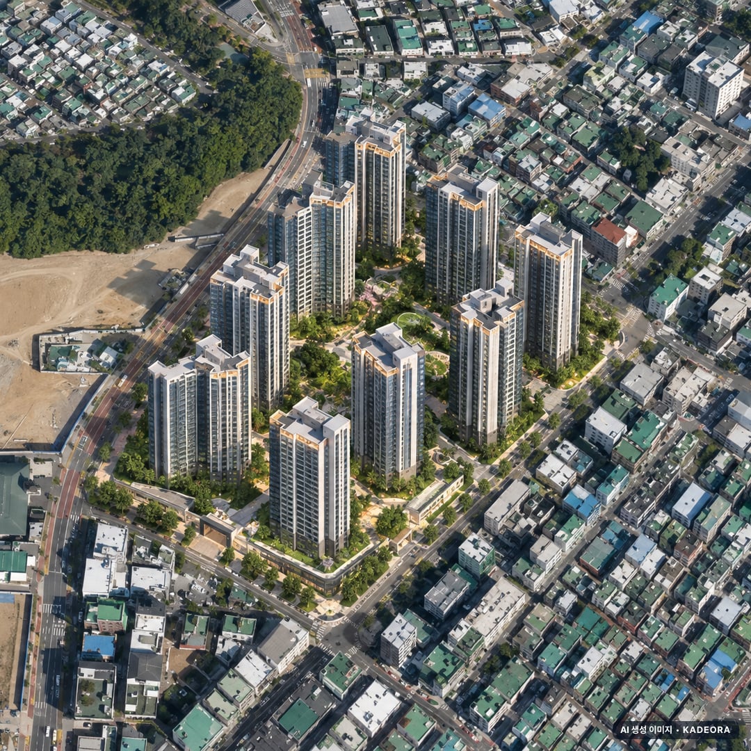 성남시 도환중2 조감도 AI 상상도(주간 항공) — 경기 성남시 조합설립 1,123세대