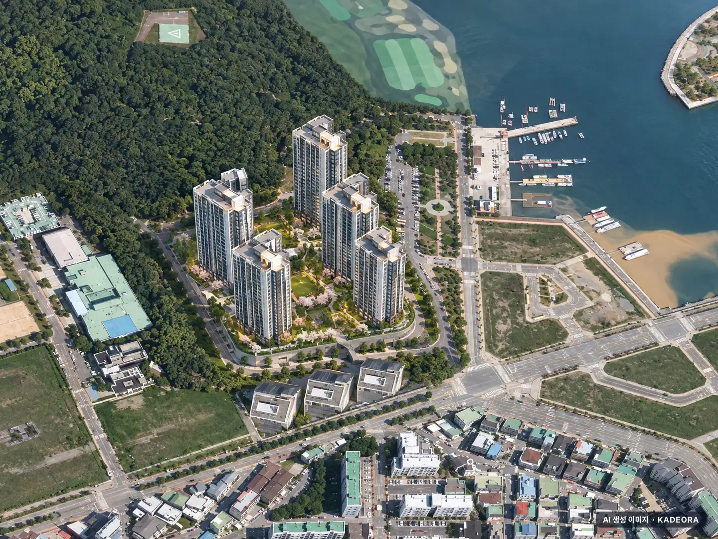 거제 푸르지오 마린피스 4개동·최고 36층·총 423세대 기준 AI 상상도 — 실제와 다를 수 있음 거제 푸르지오 마린피스 4개동·최고 36층·총 423세대 기준 AI 상상도(주간 항공) — 실제와 다를 수 있음