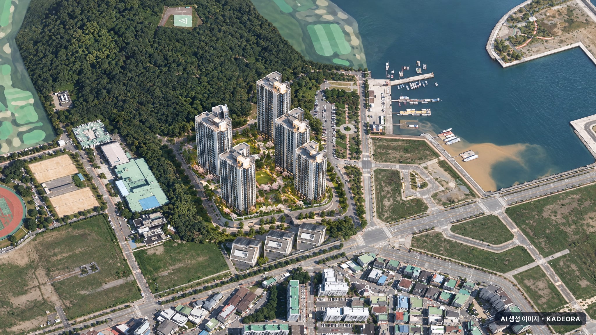 거제 푸르지오 마린피스 단지 전경 AI 상상도(주간 항공) — 경남 거제시 착공 423세대