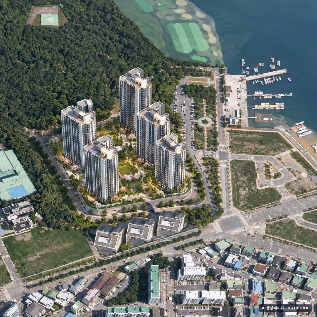 거제 푸르지오 마린피스 단지 전경 AI 상상도(주간 항공) — 경남 거제시 착공 423세대