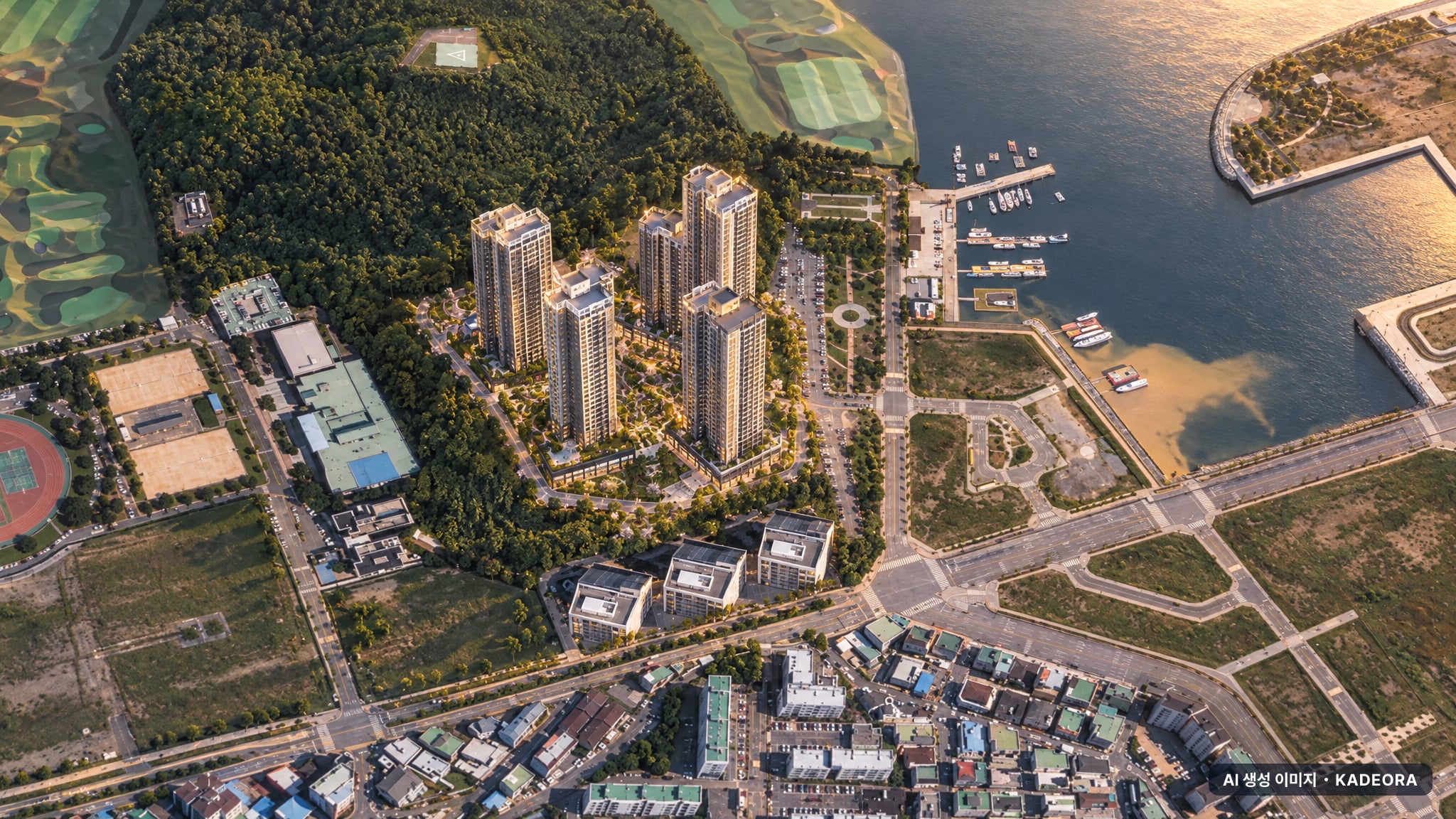 거제 푸르지오 마린피스 조감도 AI 상상도(노을 항공) — 경남 거제시 착공 423세대