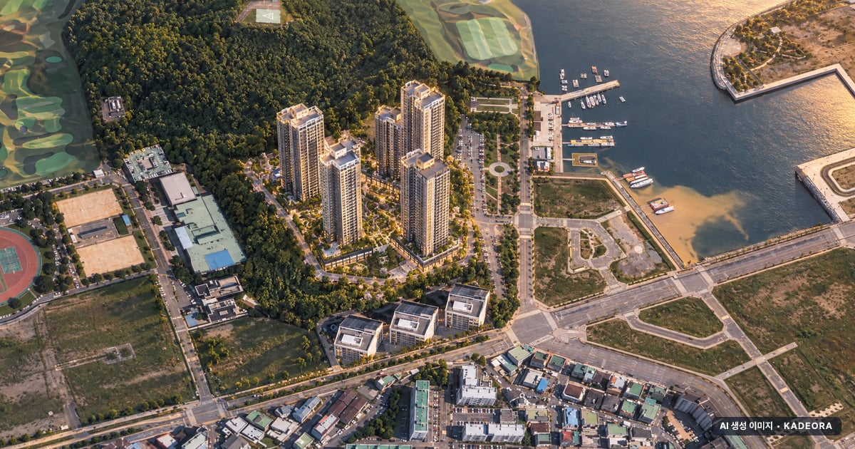 거제 푸르지오 마린피스 단지 전경 AI 상상도(노을 항공) — 경남 거제시 착공 423세대