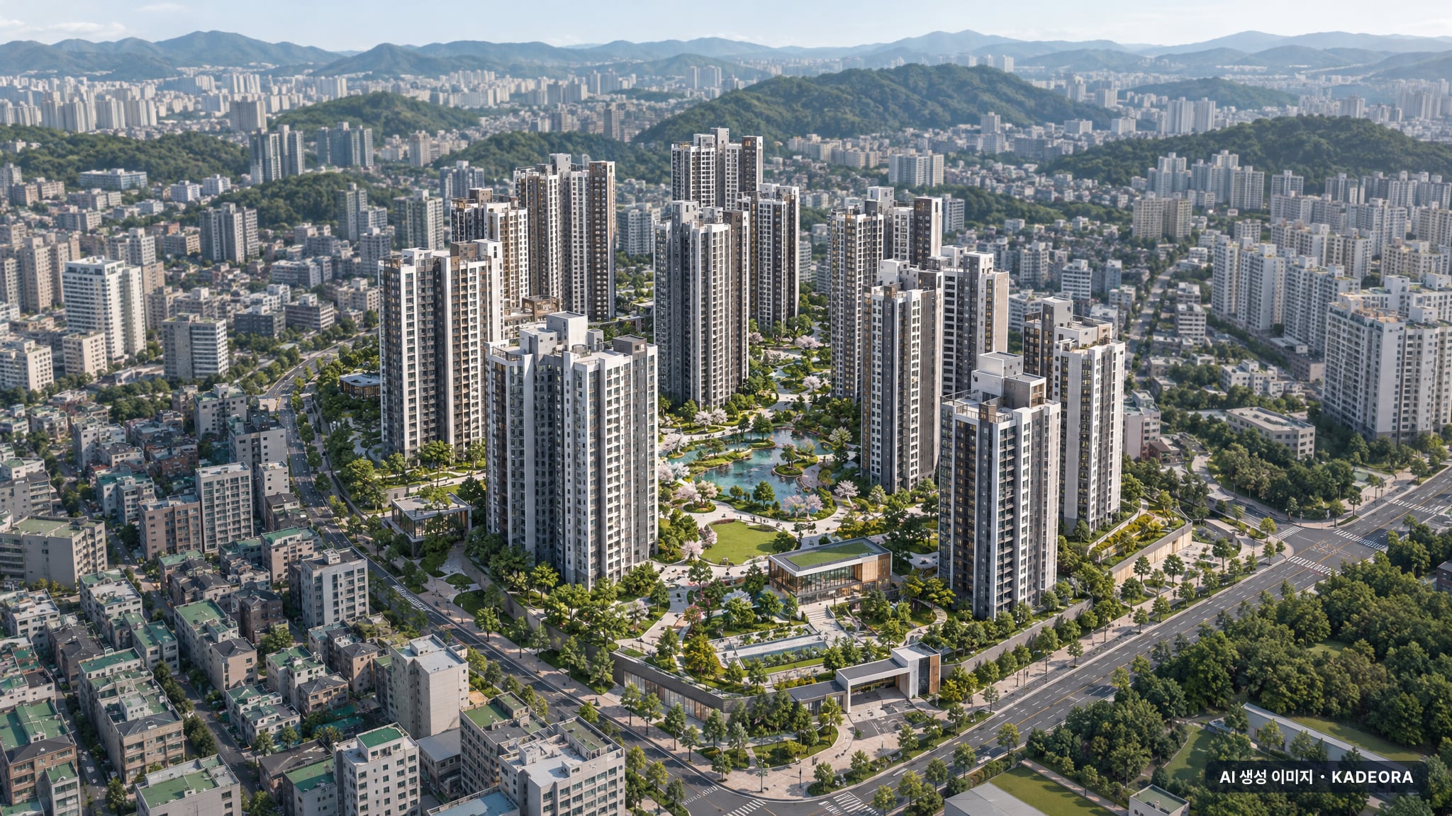 경기 용인 수지 신봉 재건축 주간 항공 상상도 · AI 생성 이미지로 실제와 다를 수 있음 경기 용인 수지 신봉 재건축 조감도 AI 상상도(주간 항공) — 경기 용인시 사업시행인가 2,500세대