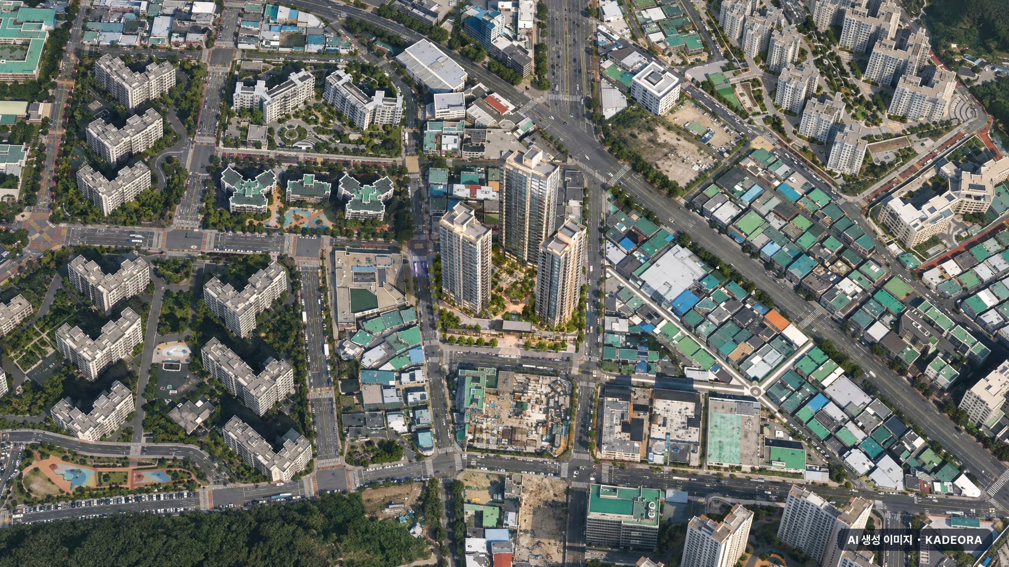 힐스테이트 선암호수공원 1단지 주간 항공 상상도 · AI 생성 이미지로 실제와 다를 수 있음 힐스테이트 선암호수공원 1단지 단지 전경 AI 상상도(주간 항공) — 울산 남구 착공 438세대