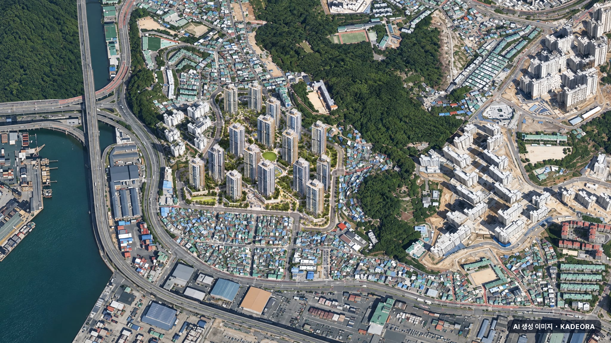 해링턴 마레 단지 전경 AI 상상도(주간 항공) — 부산 남구 착공 1,382세대