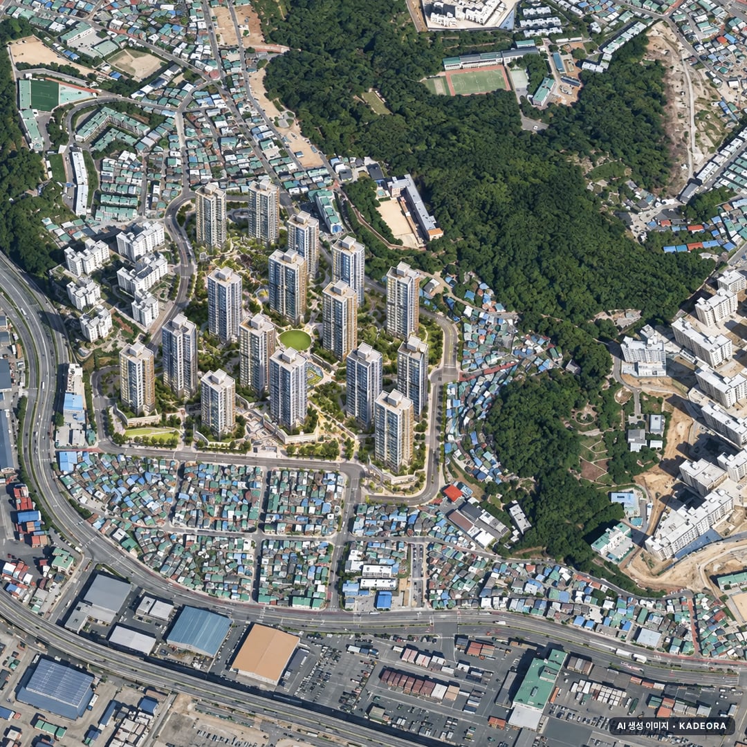 해링턴 마레 단지 전경 AI 상상도(주간 항공) — 부산 남구 착공 1,382세대