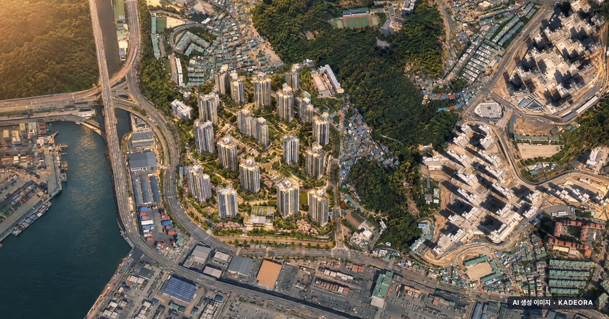해링턴 마레 단지 전경 AI 상상도(노을 항공) — 부산 남구 착공 1,382세대