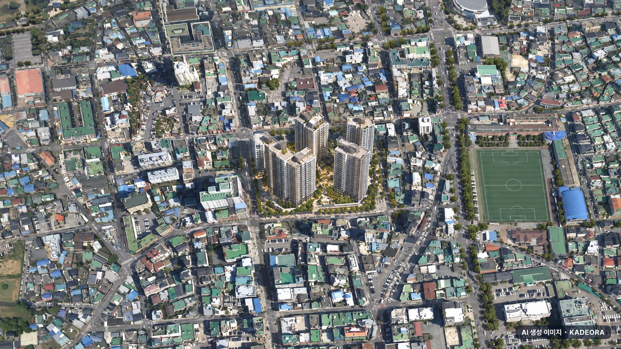 김해 부원동 지역주택조합 단지 전경 AI 상상도(주간 항공) — 경남 김해시 분양 예고 310세대