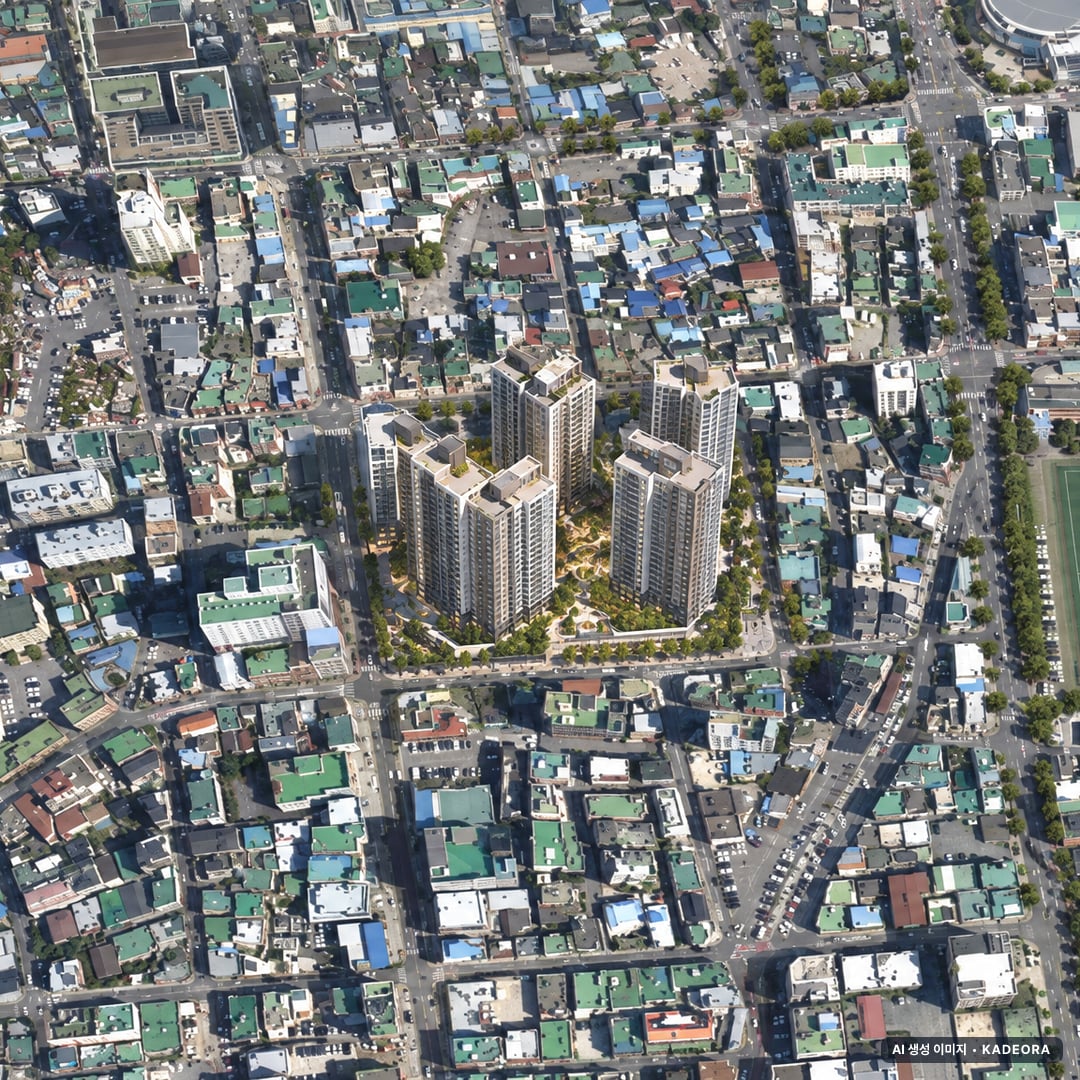 김해 부원동 지역주택조합 조감도 AI 상상도(주간 항공) — 경남 김해시 분양 예고 310세대