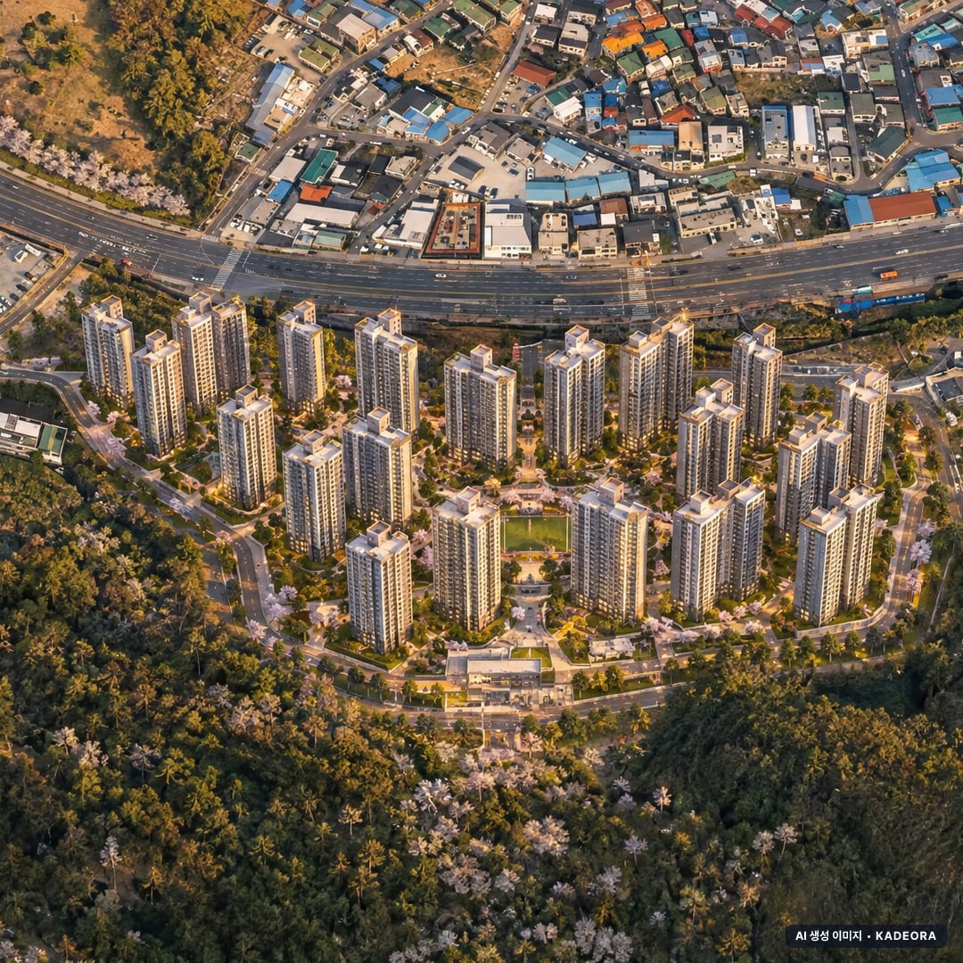 중흥S-클래스 힐더포레 노을 항공 상상도 · AI 생성 이미지로 실제와 다를 수 있음 중흥S-클래스 힐더포레 단지 전경 AI 상상도(노을 항공) — 경기 구리시 착공 637세대