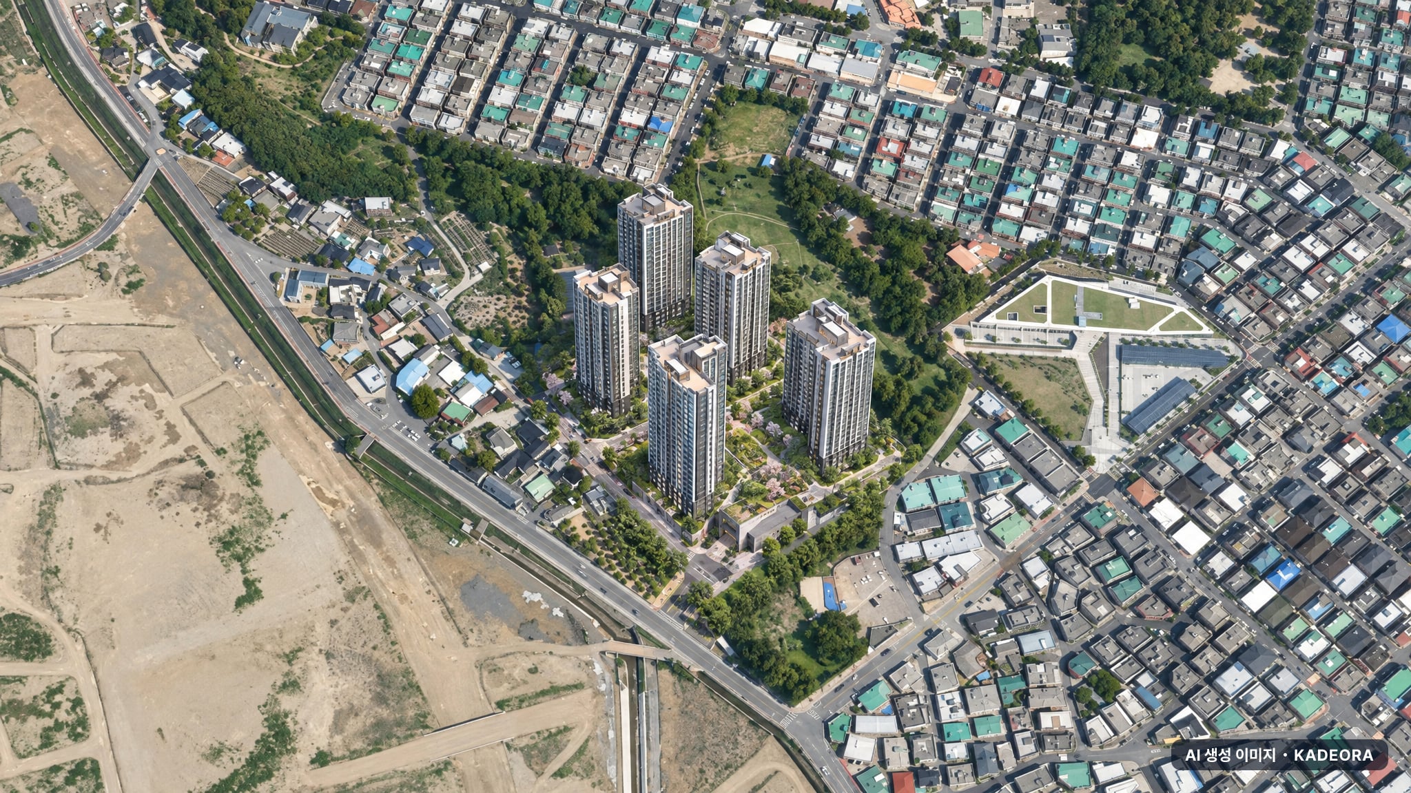 경산 대임지구 B3 BL 라온프라이빗(사전청약) 단지 전경 AI 상상도(주간 항공) — 경북 경산시 착공 505세대