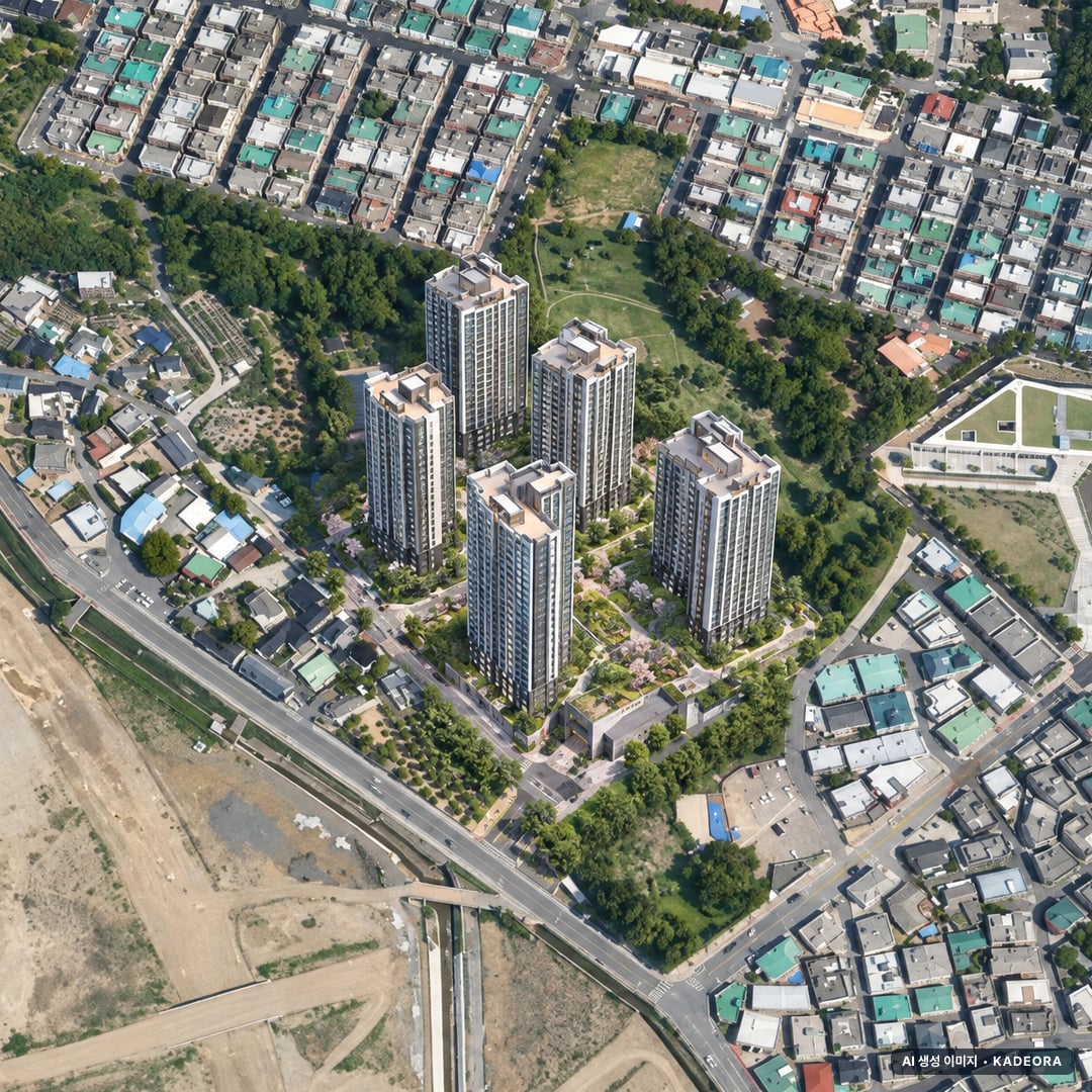 경산 대임지구 B3 BL 라온프라이빗(사전청약) 단지 전경 AI 상상도(주간 항공) — 경북 경산시 착공 505세대