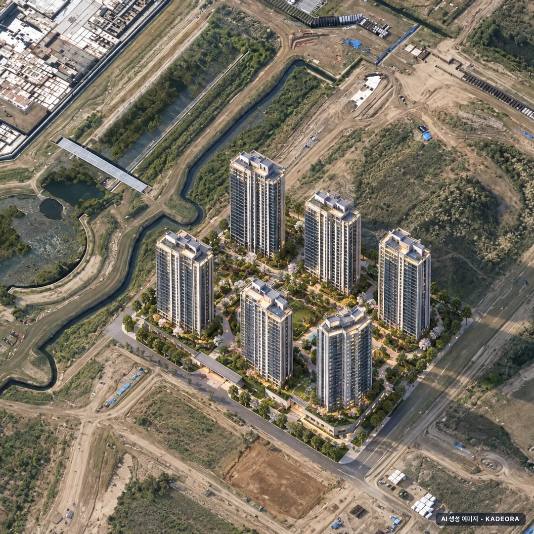 송도 한내들 센트럴리버 단지 전경 AI 상상도(주간 항공) — 인천 연수구 착공 501세대