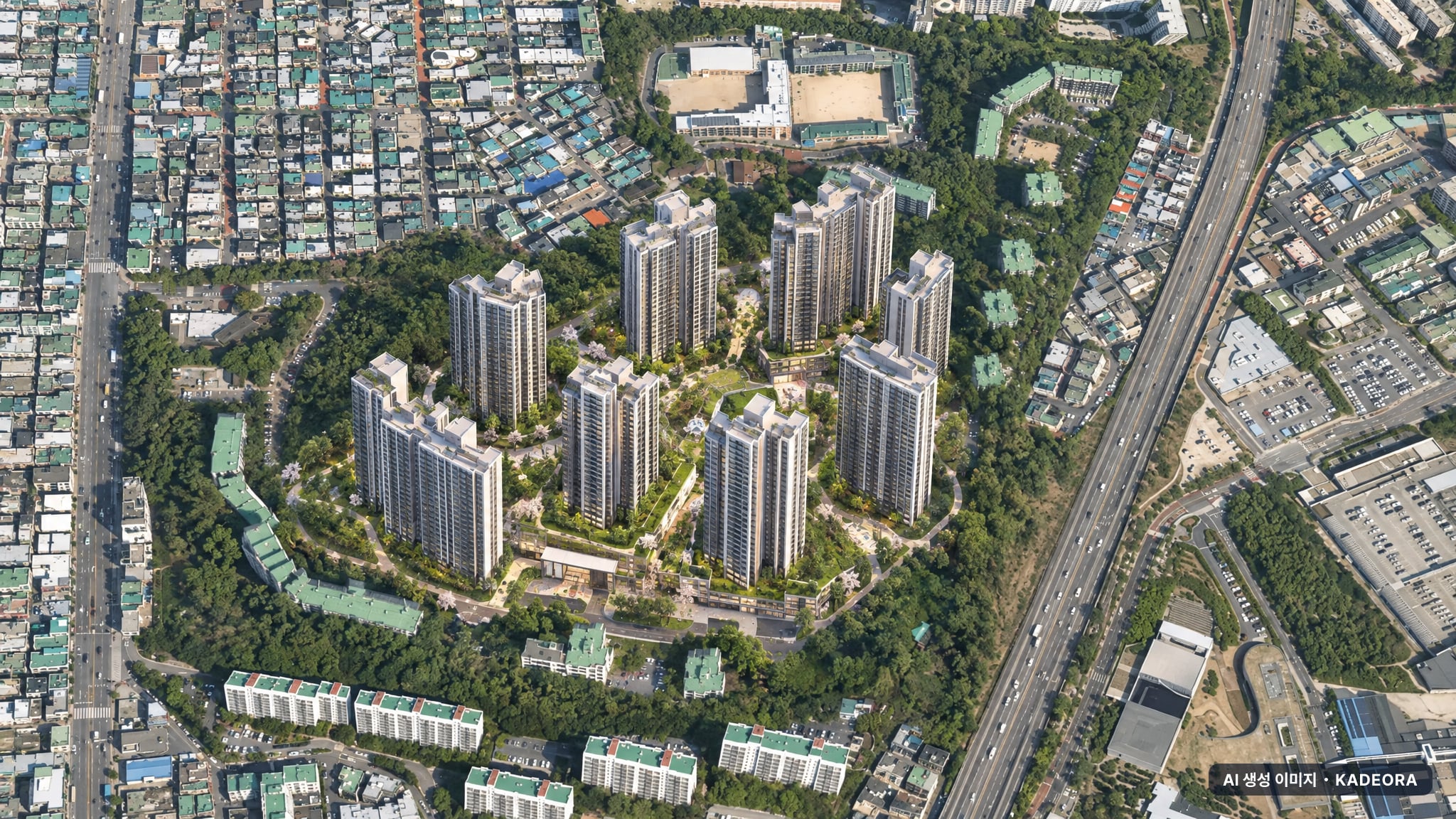 부산 연제구 연산10 재개발 주간 항공 상상도 · AI 생성 이미지로 실제와 다를 수 있음 부산 연제구 연산10 재개발 조감도 AI 상상도(주간 항공) — 부산 연제구 조합설립 1,116세대
