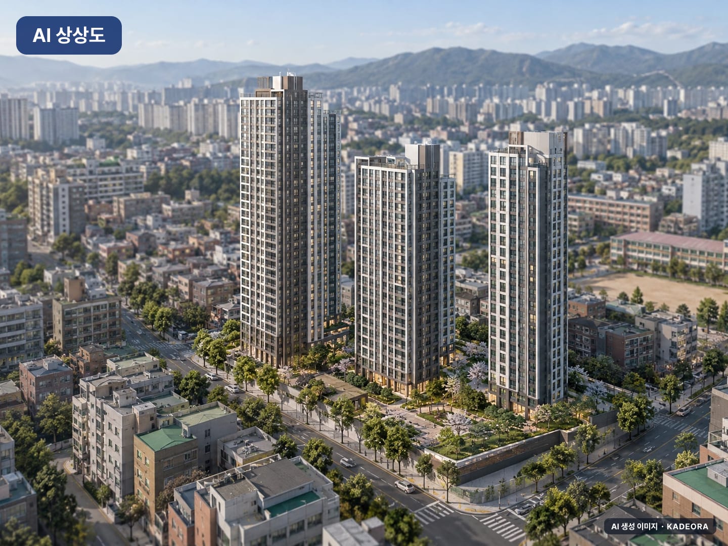 세종 리더스포레 나릿재마을 1단지 단지 전경 AI 상상도(주간 항공) — AI 생성 상상도 · 실제와 다를 수 있음