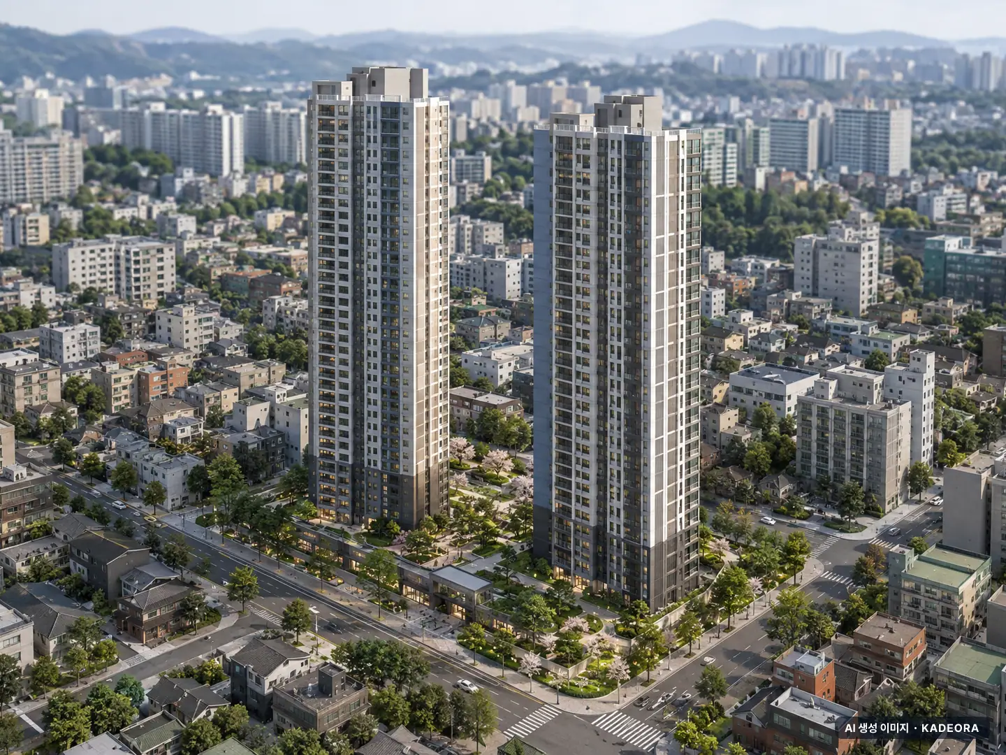 자라섬 수자인 리버페스타 2개동·최고 29층·총 381세대 기준 AI 상상도(주간 항공) — 실제와 다를 수 있음